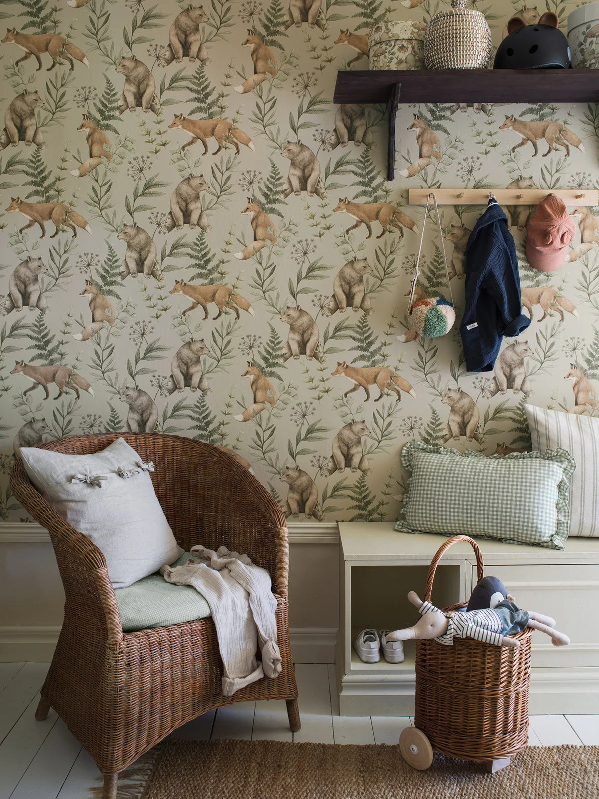 Wild Forest Beige Children's Wallpaper with Plant and Animal Motif