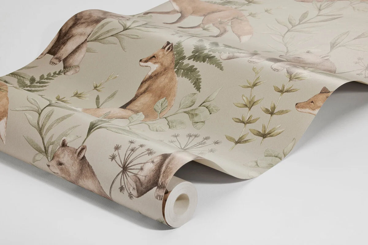 Wild Forest Beige Children's Wallpaper with Plant and Animal Motif