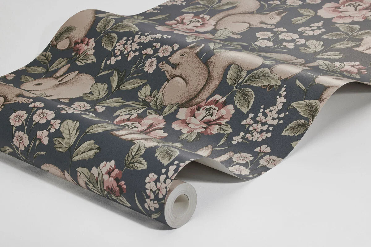 Children's wallpaper with a plant and animal theme MAGIC FOREST navy blue