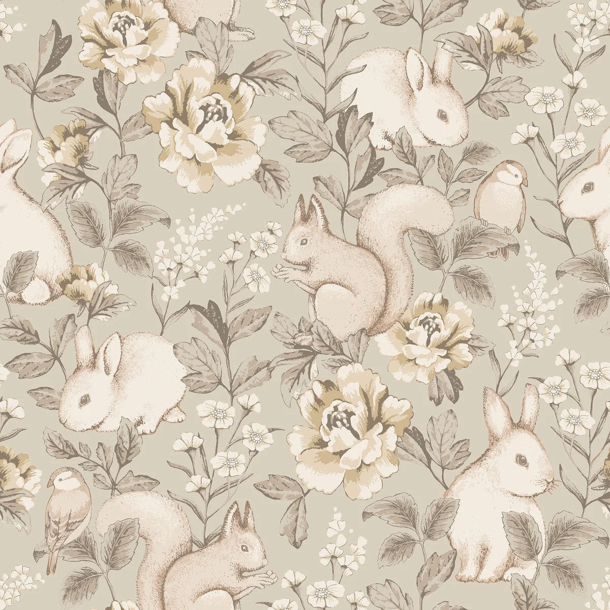 Children's wallpaper with a plant and animal motif MAGIC FOREST beige