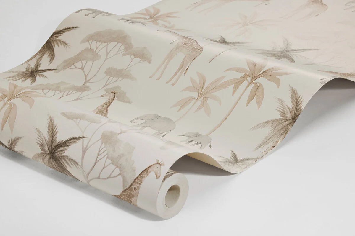 Tapete für Kinder mit pflanzlichem und tierischem Motiv SAVANNAH beige