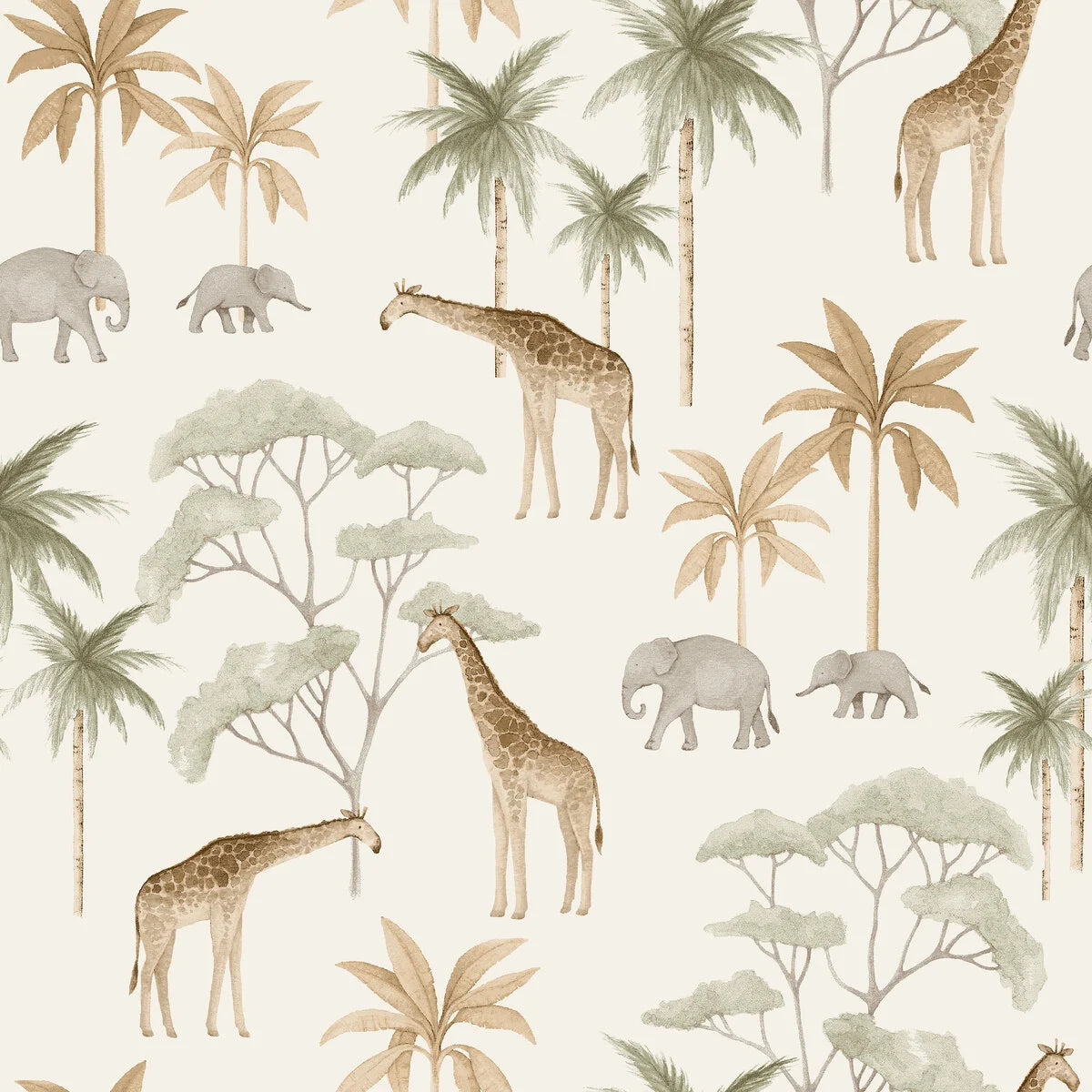 Savannah Cream Children's Wallpaper with Plant and Animal Motif