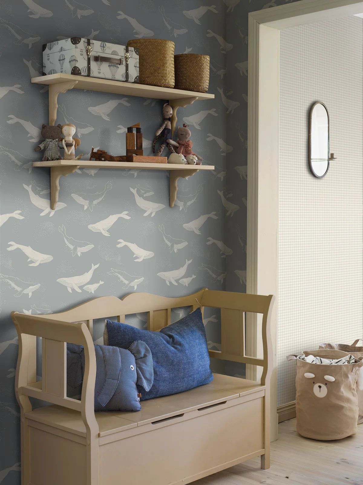 Kindertapijt met dierenmotief WHALES blauw met wit