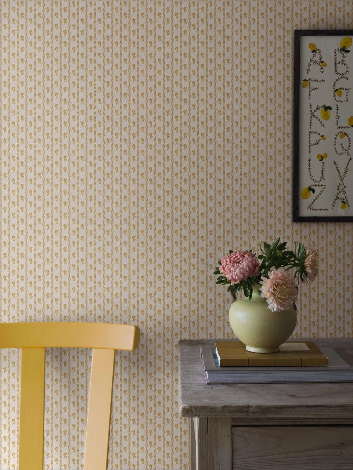 LILLA LYCKAN White and Yellow Striped Wallpaper with Floral Motif