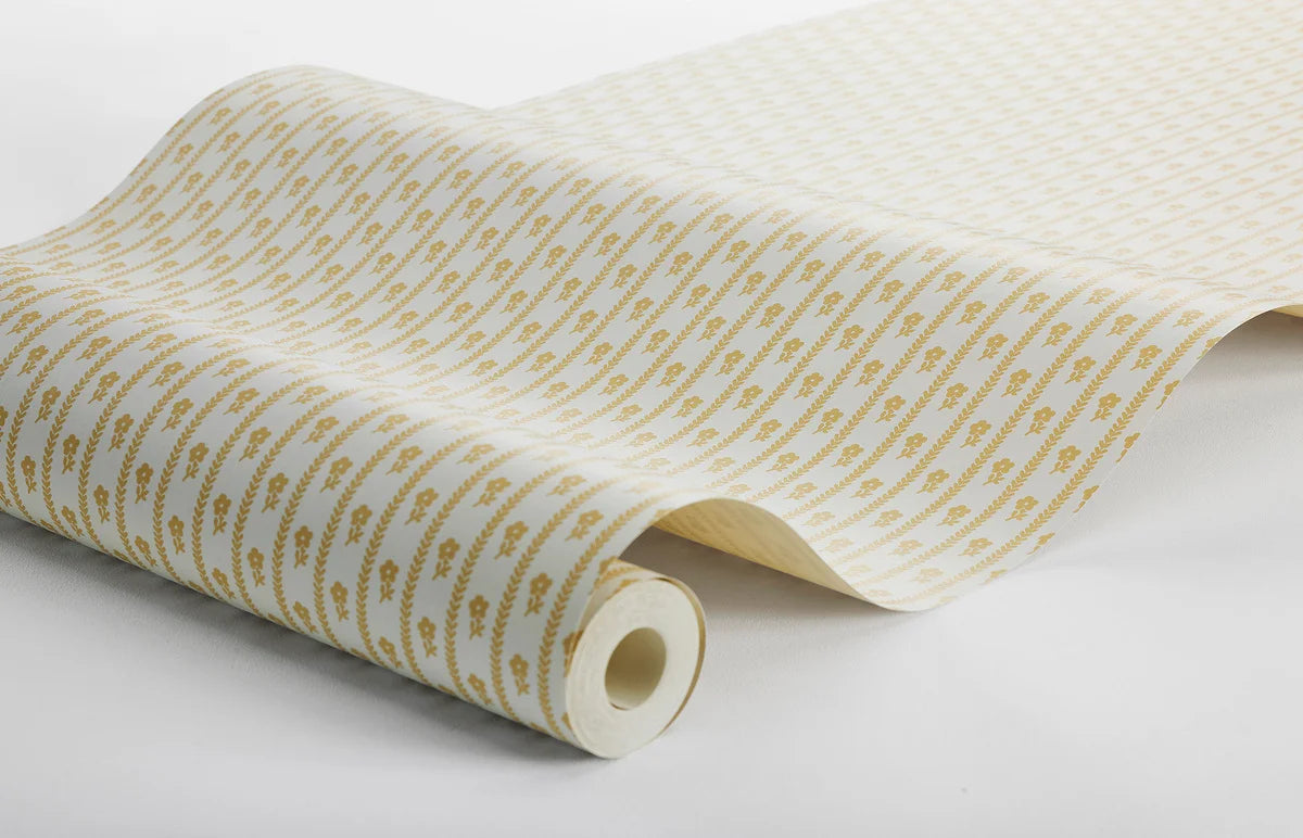 LILLA LYCKAN White and Yellow Striped Wallpaper with Floral Motif