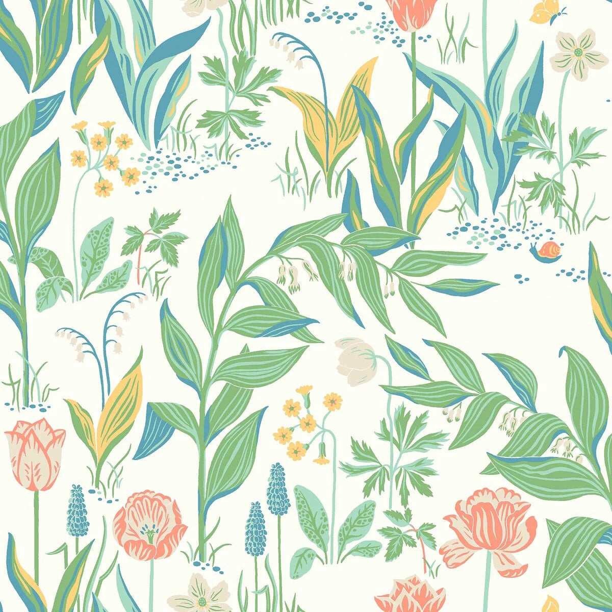 Spring Garden Floral Pattern Wallpaper in White and Green