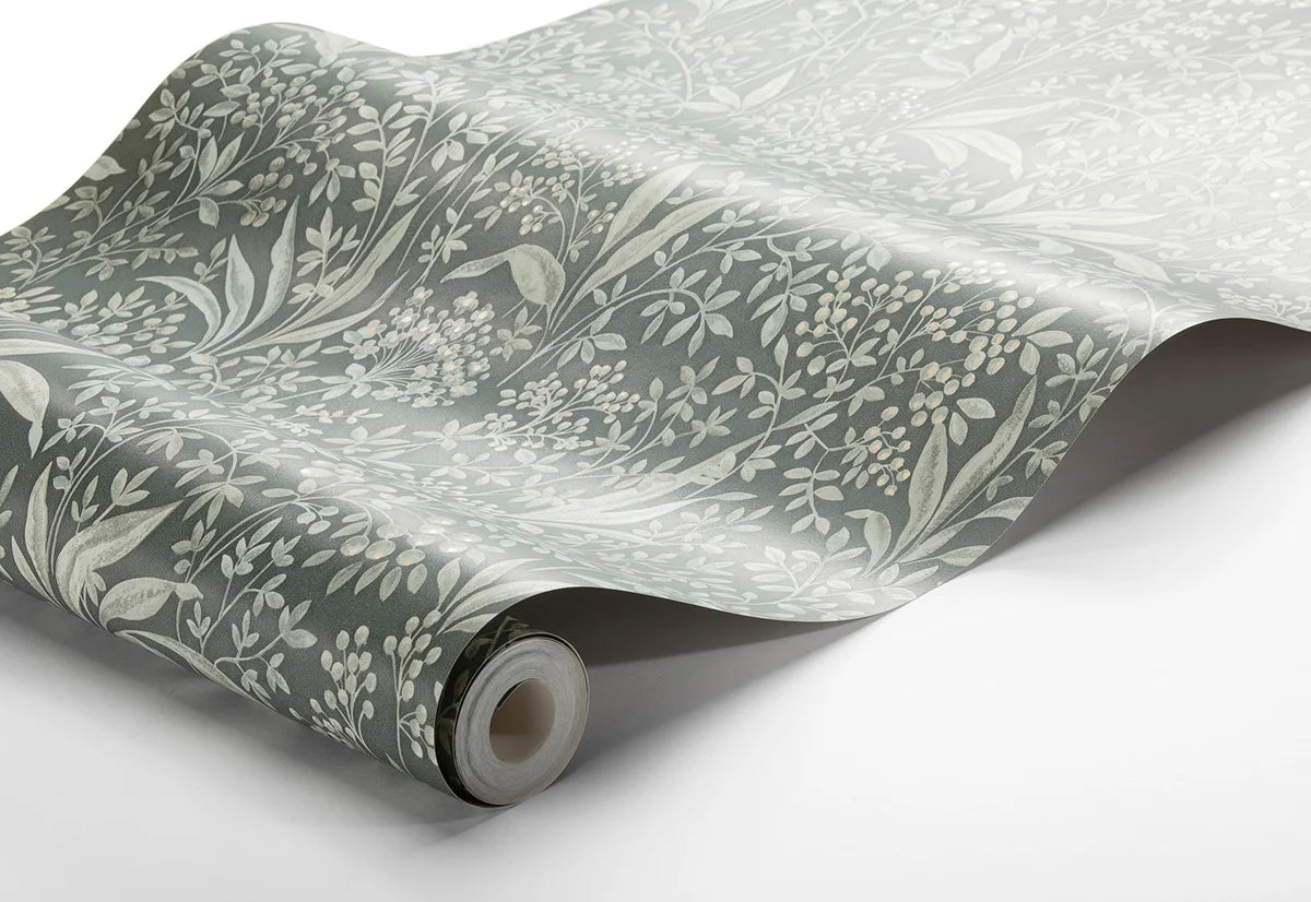 Non-woven paper wallpaper with a botanical pattern NOCTURNE green