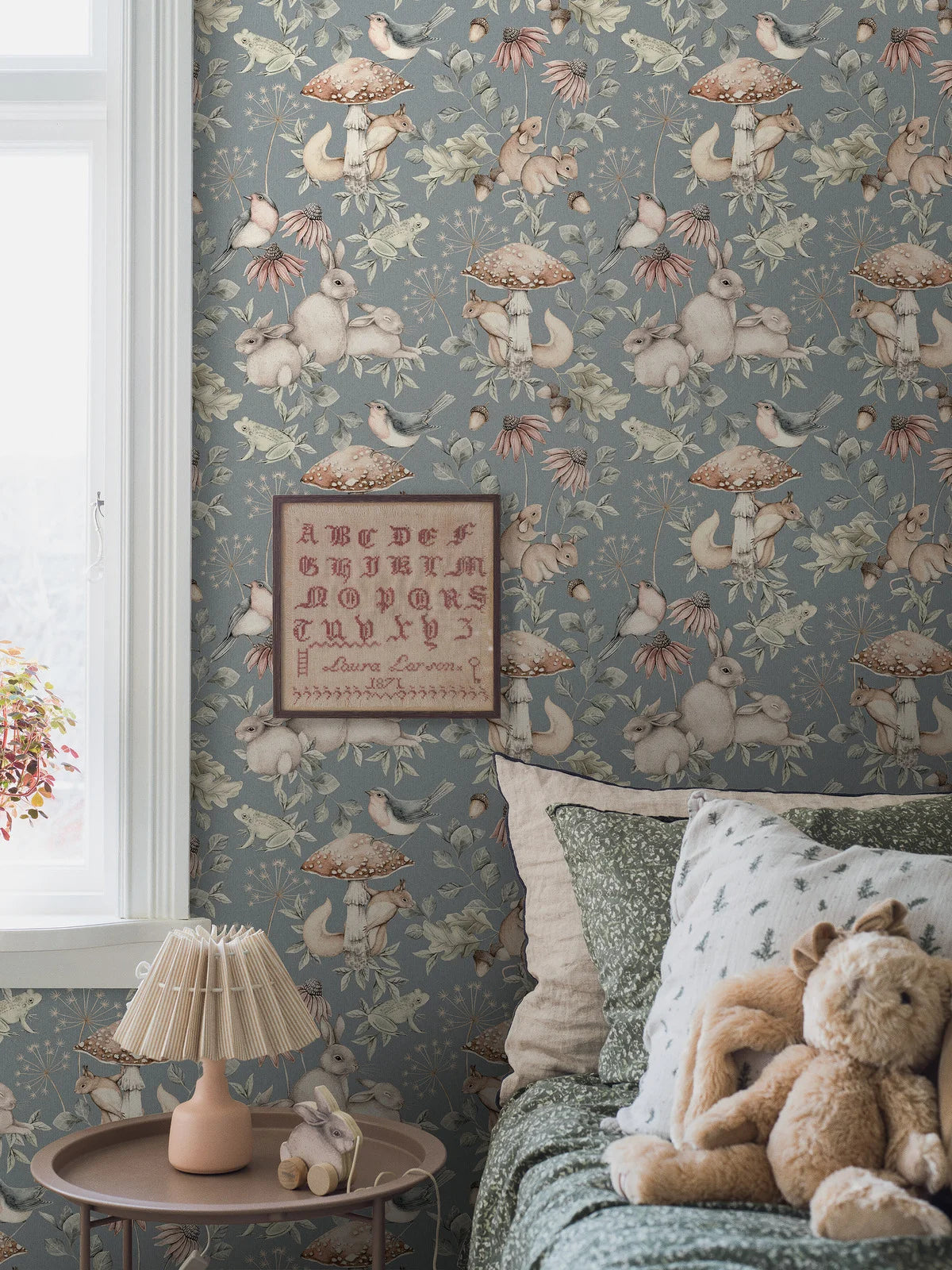 MINOU Children's Wallpaper with Animal Motif in Muted Blue