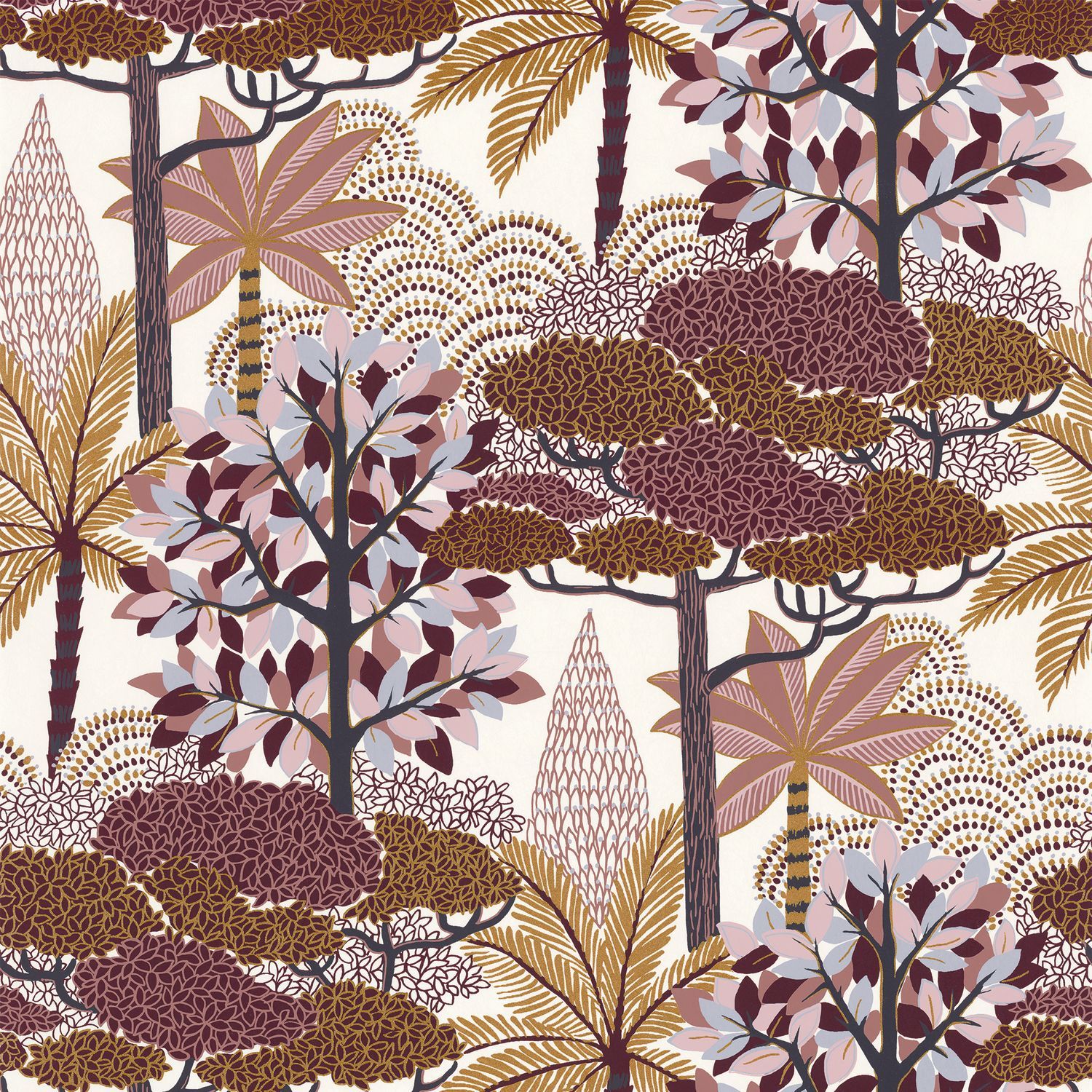 Metallic Wallpaper with Plant Motif MARAKANDA - WHITE/ROSEWOOD in White with Pink
