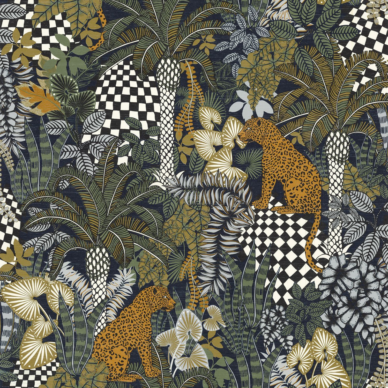 Structural wallpaper with a plant and animal motif BELIZE - ENCRE/KAKI khaki with yellow