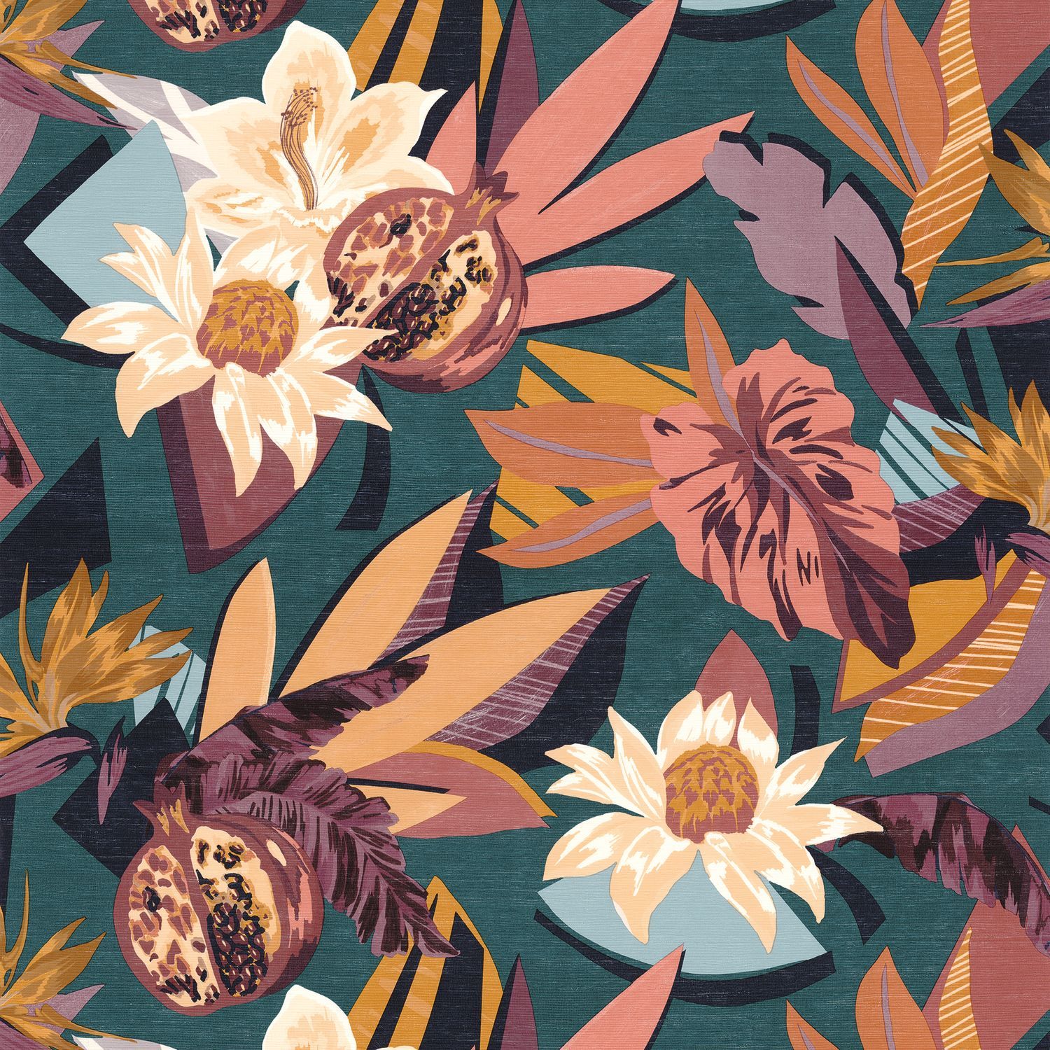 Structuurtapet met plantaal motief SALVADOR - PETROLE/BLUSH groen met roze