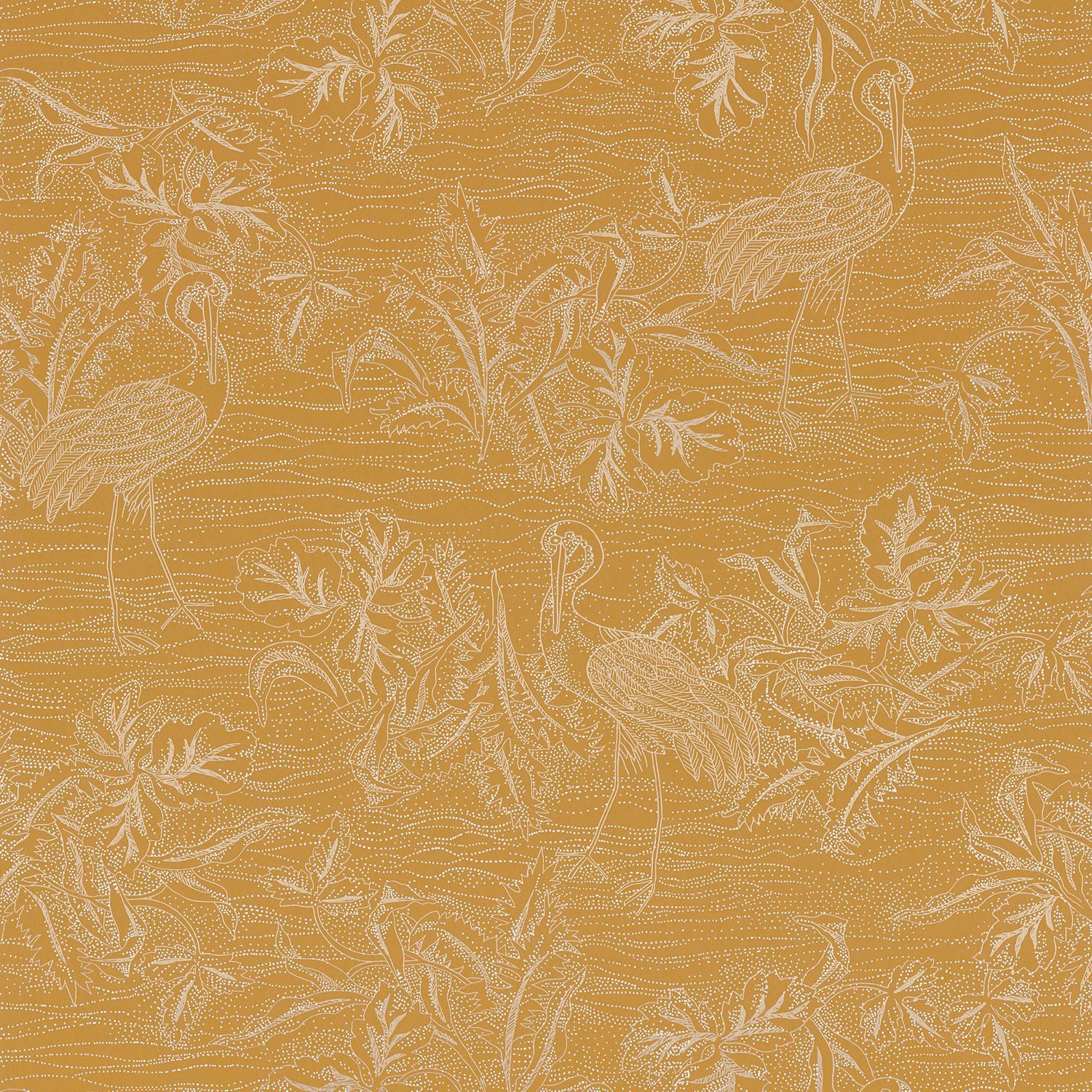 Structural wallpaper with a plant and animal motif MIRADOR - OCRE yellow
