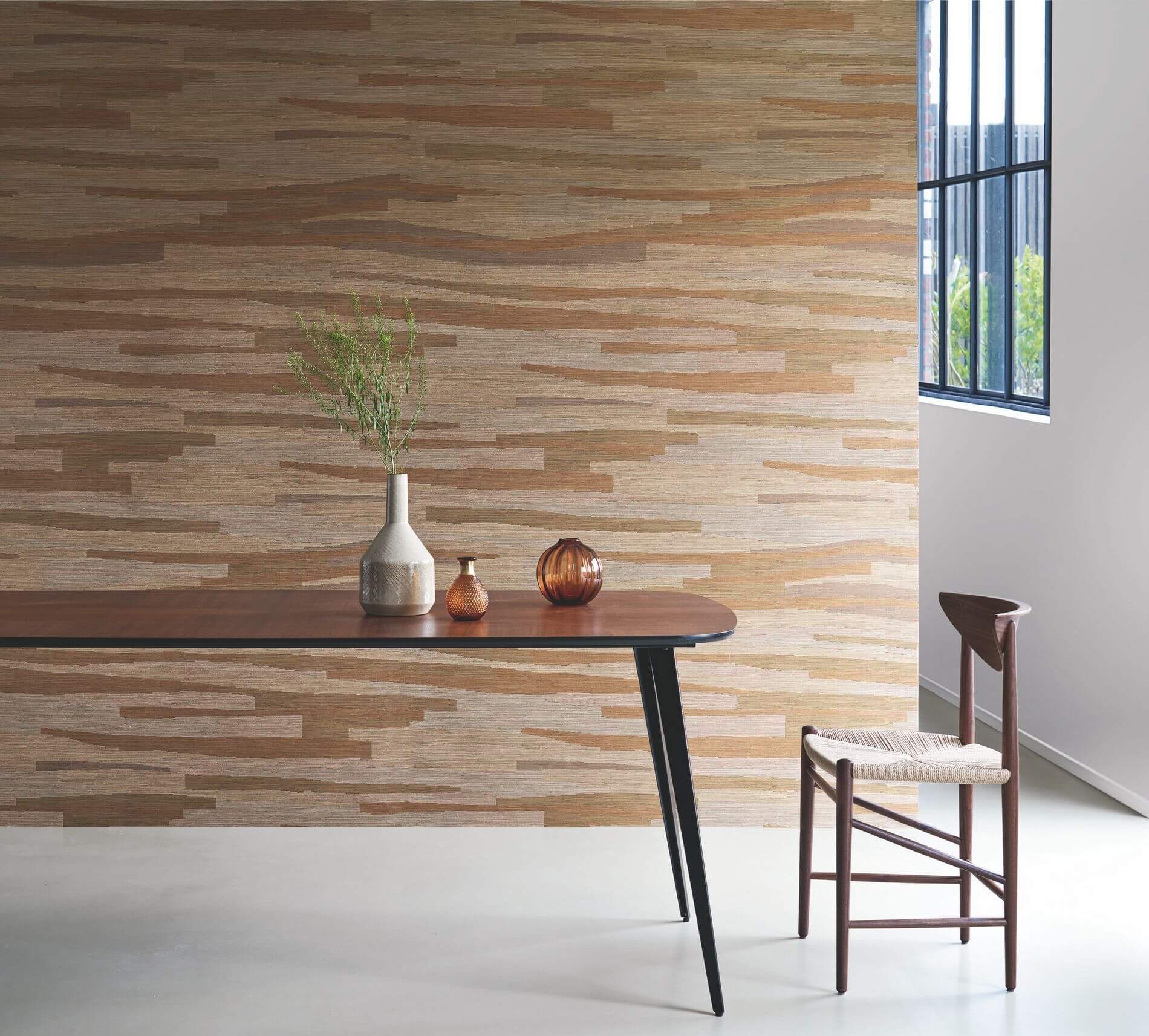 Structuurtextielbehang met gestreept jacquardweefsel HALANA - OCRE beige met goud