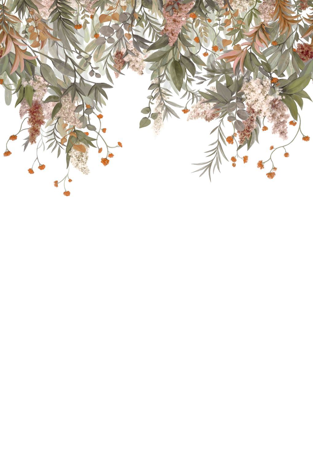 Muurschildering met een plantmotief van WISTERIA bladeren in groen en poederroze