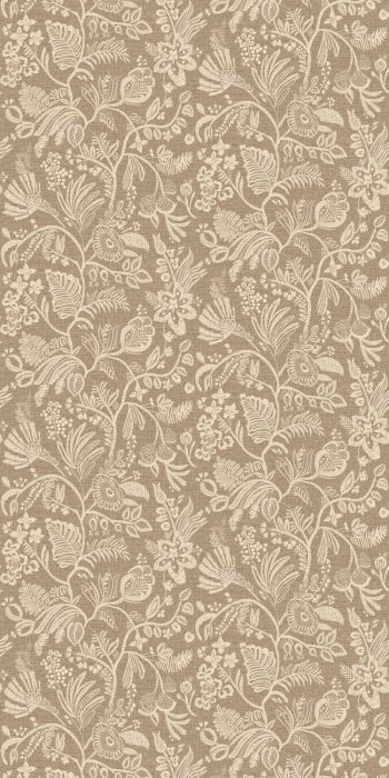 Structural wallpaper imitating embroidery with a floral and leaf pattern PASTEL - Tobacco brown