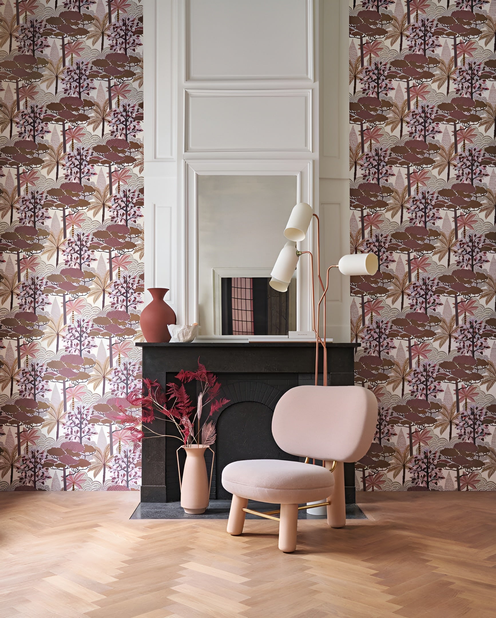 Metallic Wallpaper with Plant Motif MARAKANDA - WHITE/ROSEWOOD in White with Pink