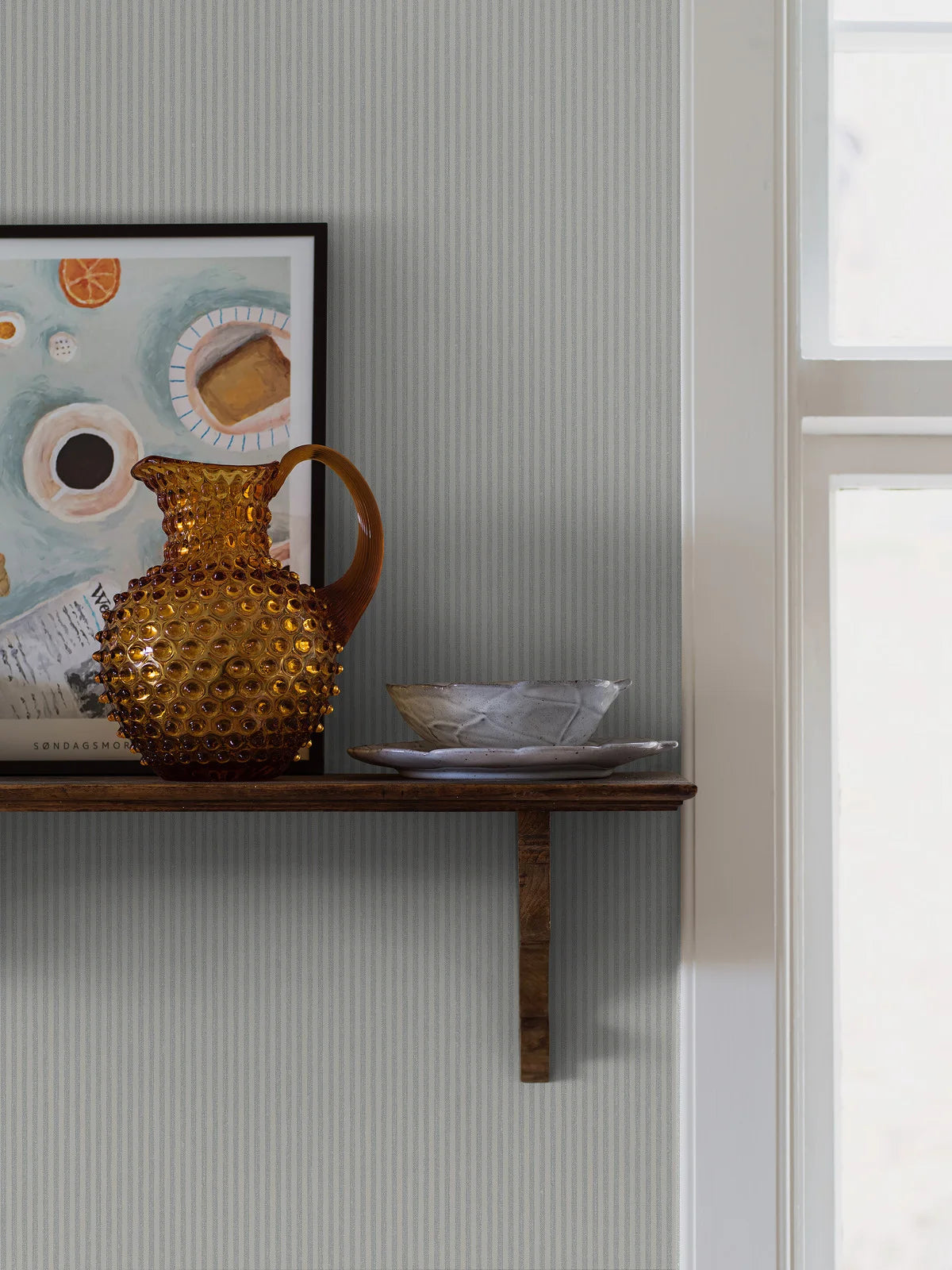 Strukturierte Tapete, die gestreiften Leinen imitiert, POLKA STRIPE, blau mit beige