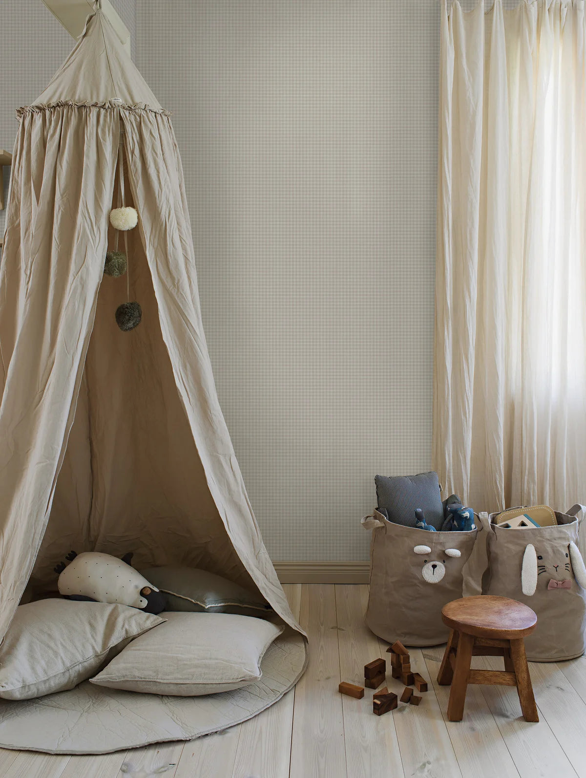 Structuurtapijt dat linnen in ruitpatroon imiteert PICNIC CHECK grijs met beige