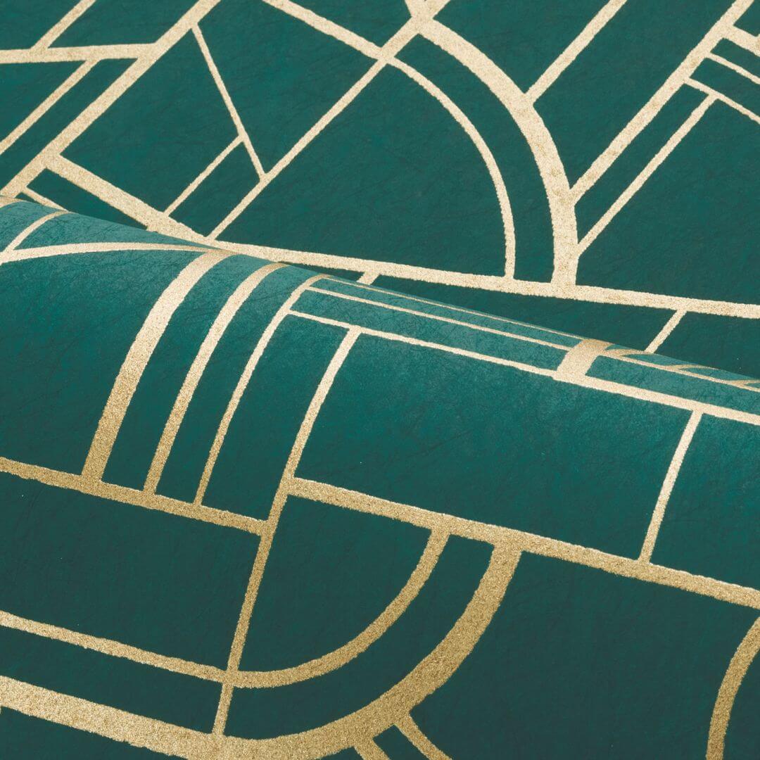 Metalltapete mit geometrischem Muster CINÉTIQUE - VERT CANARD/DORÉ grün mit Gold