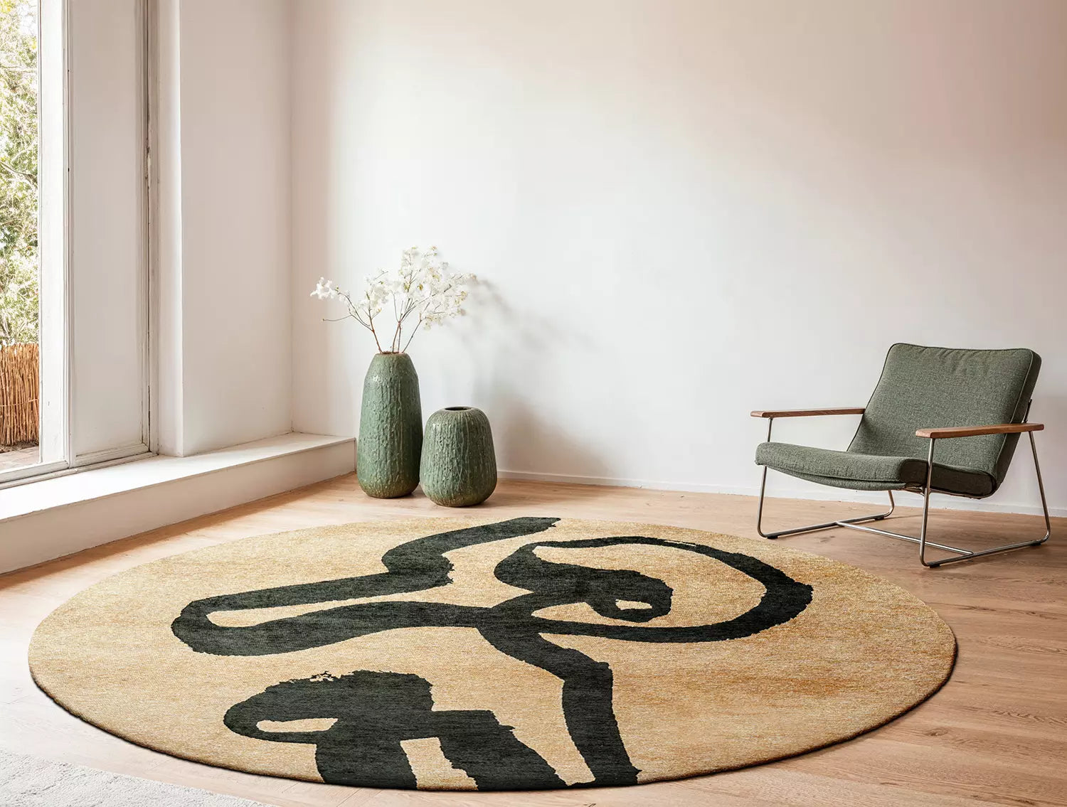 Runder Teppich RIBBON beige mit dunkelgrün