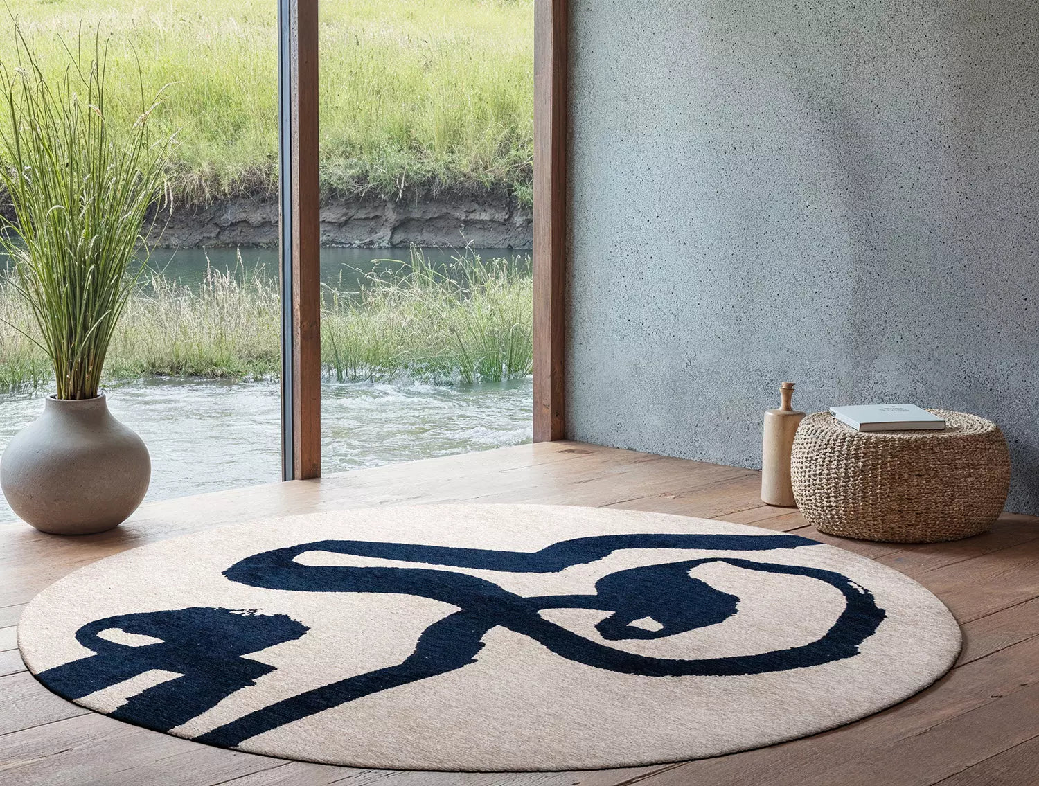 Runder Teppich RIBBON weiß mit marineblau