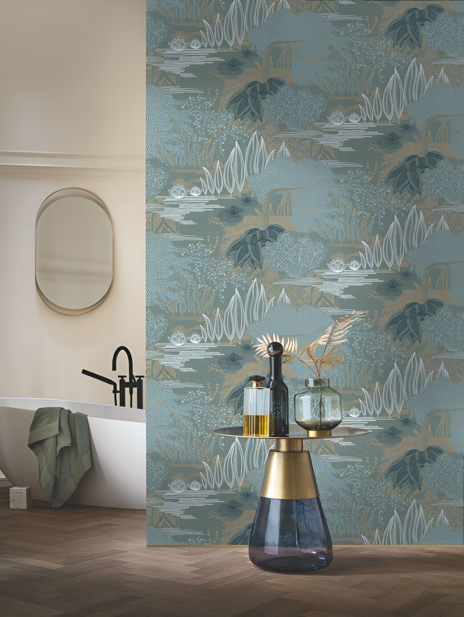 Wallpaper with a plant landscape of a water garden JASMIN - VERT DE GRIS/DORÉ green with gold