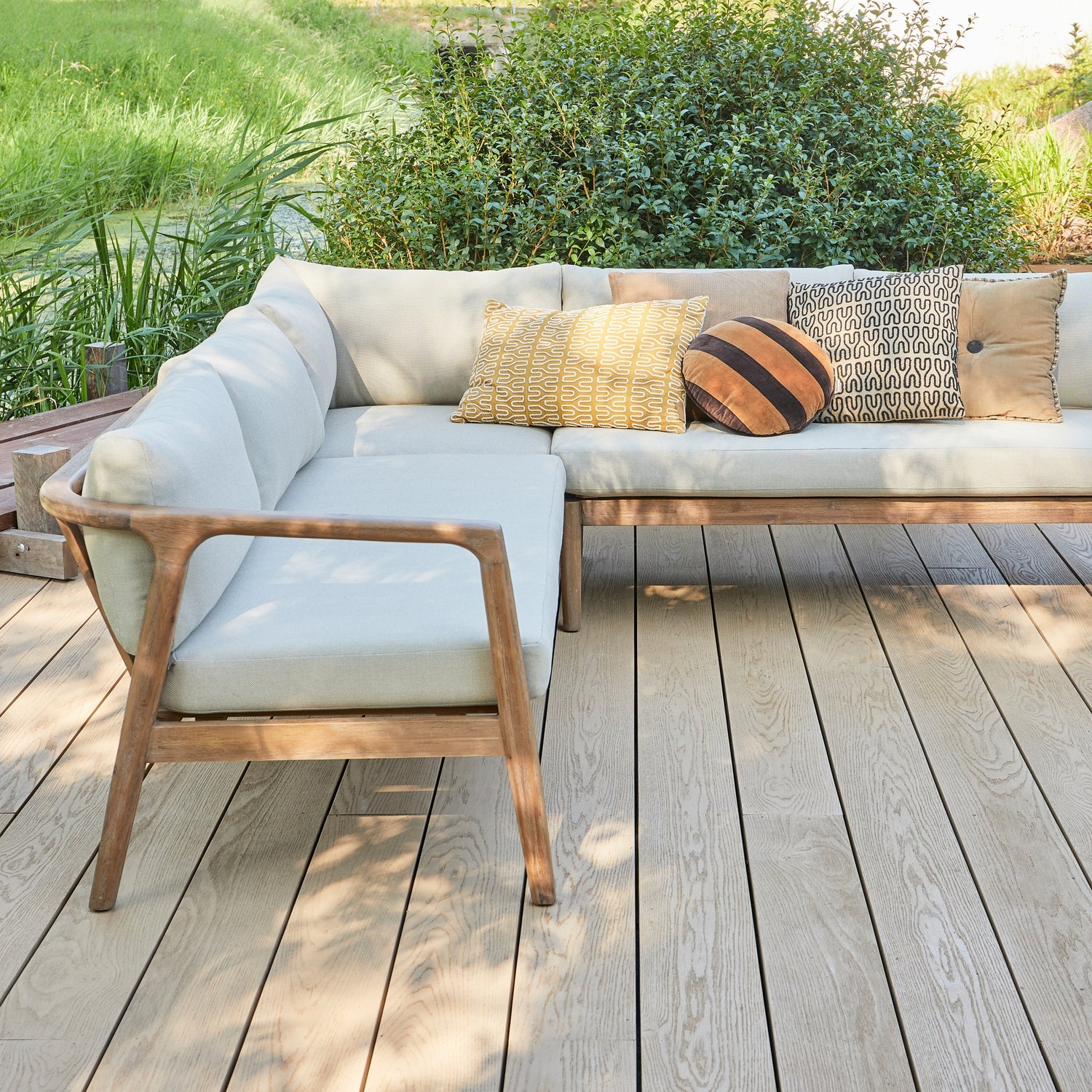 Symmetrical Garden Corner Sofa BIAM in Sand with Acacia Wood Frame