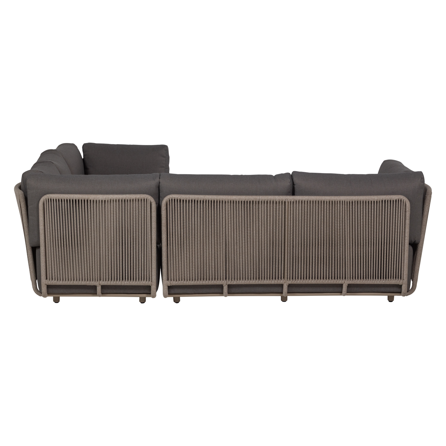 Symmetrische tuinhoekbank SORA grijs met een bruine frame