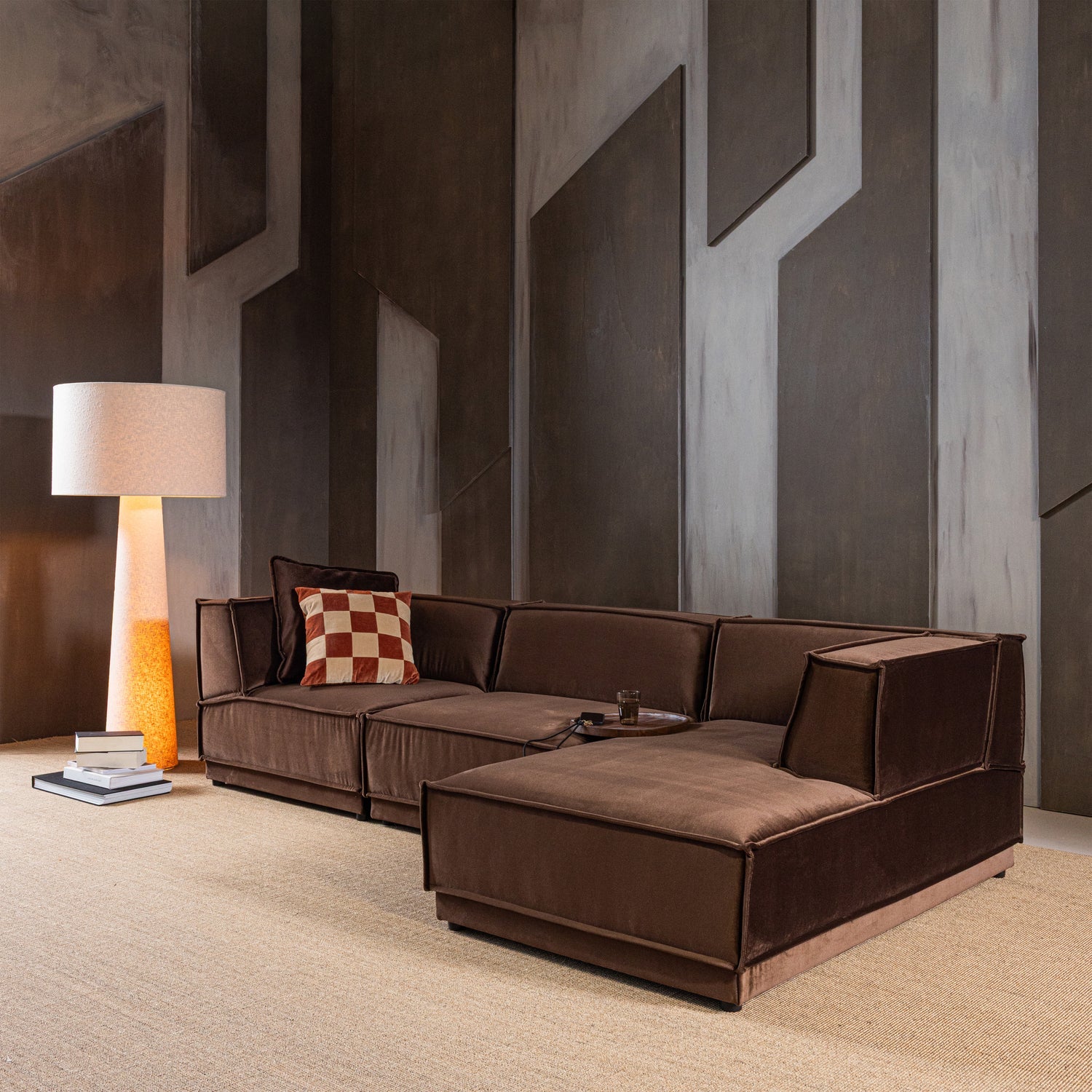 Right-facing Velvet Corner Sofa MANU in Brown