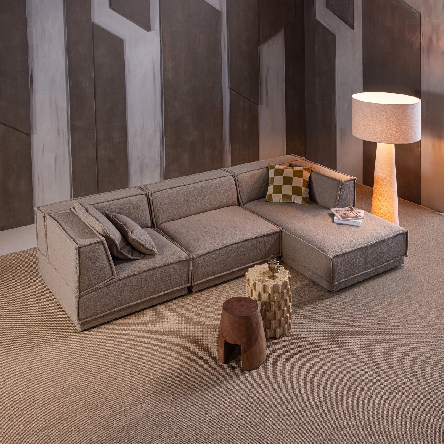 Rechthoekige hoekbank MANU beige chenille