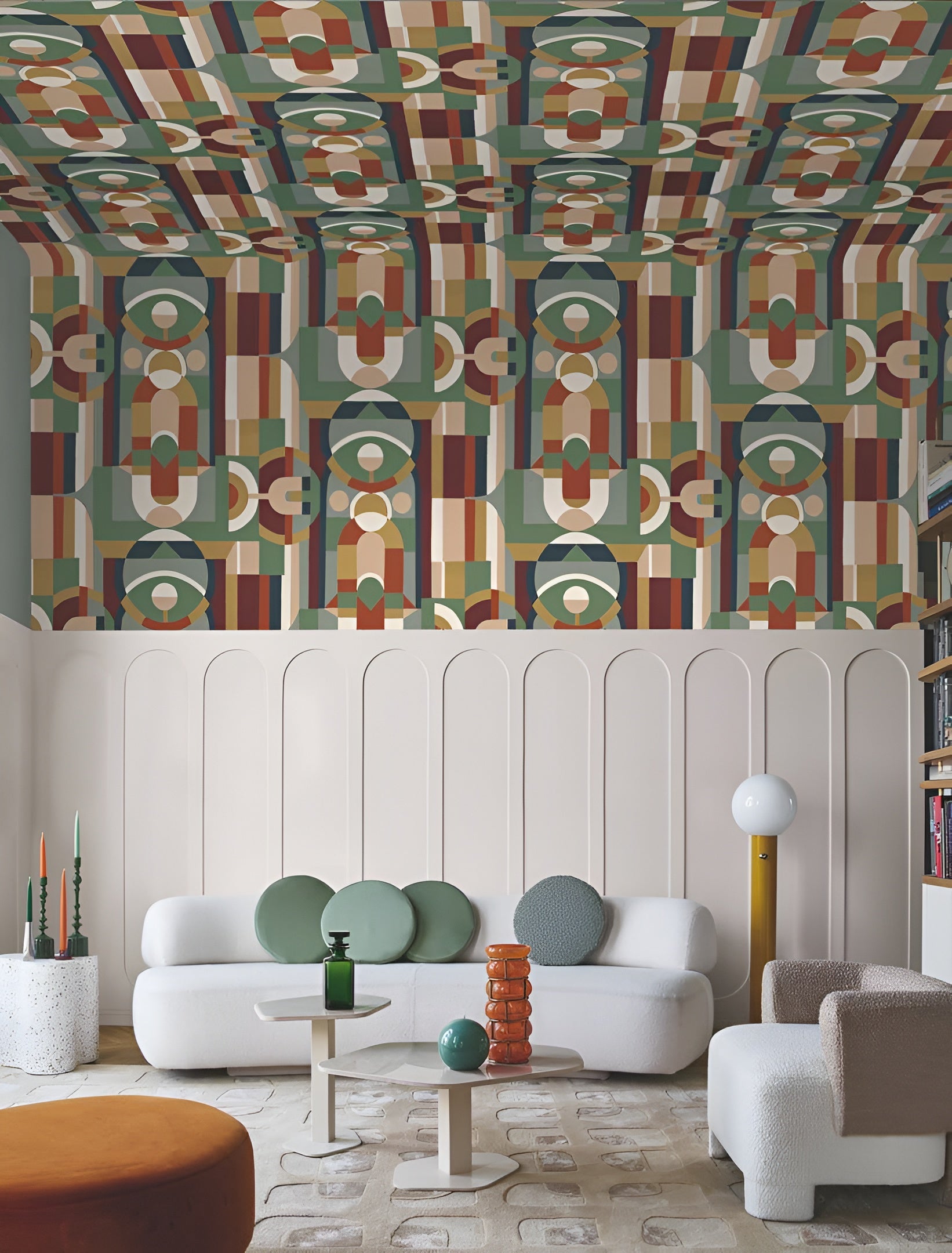 Behang met geometrisch glas-in-loodmotief VITRAIL - CÉLADON/KAKI zeegroen met kaki