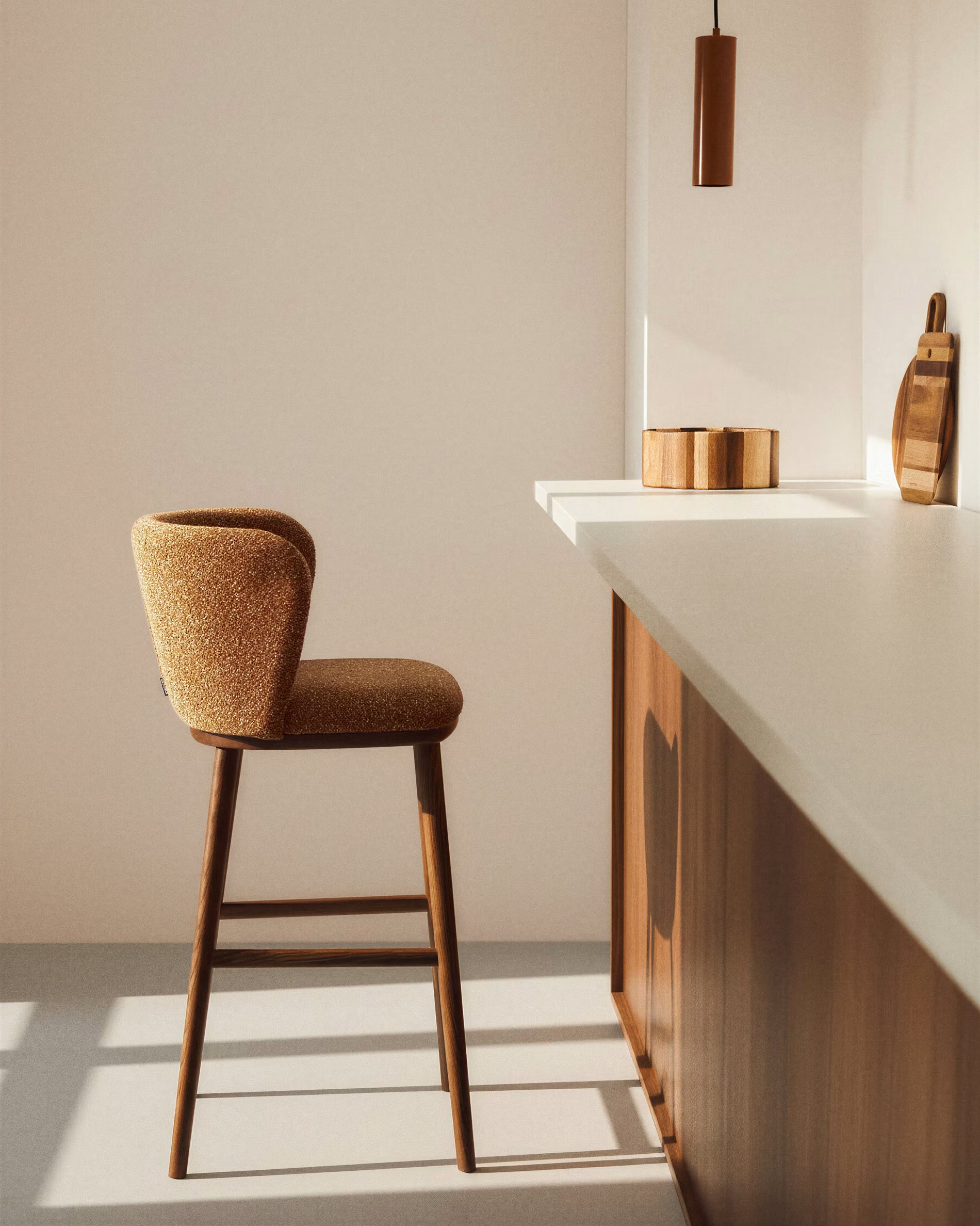 Bar stool CISELIA brick chenille with dark ash base