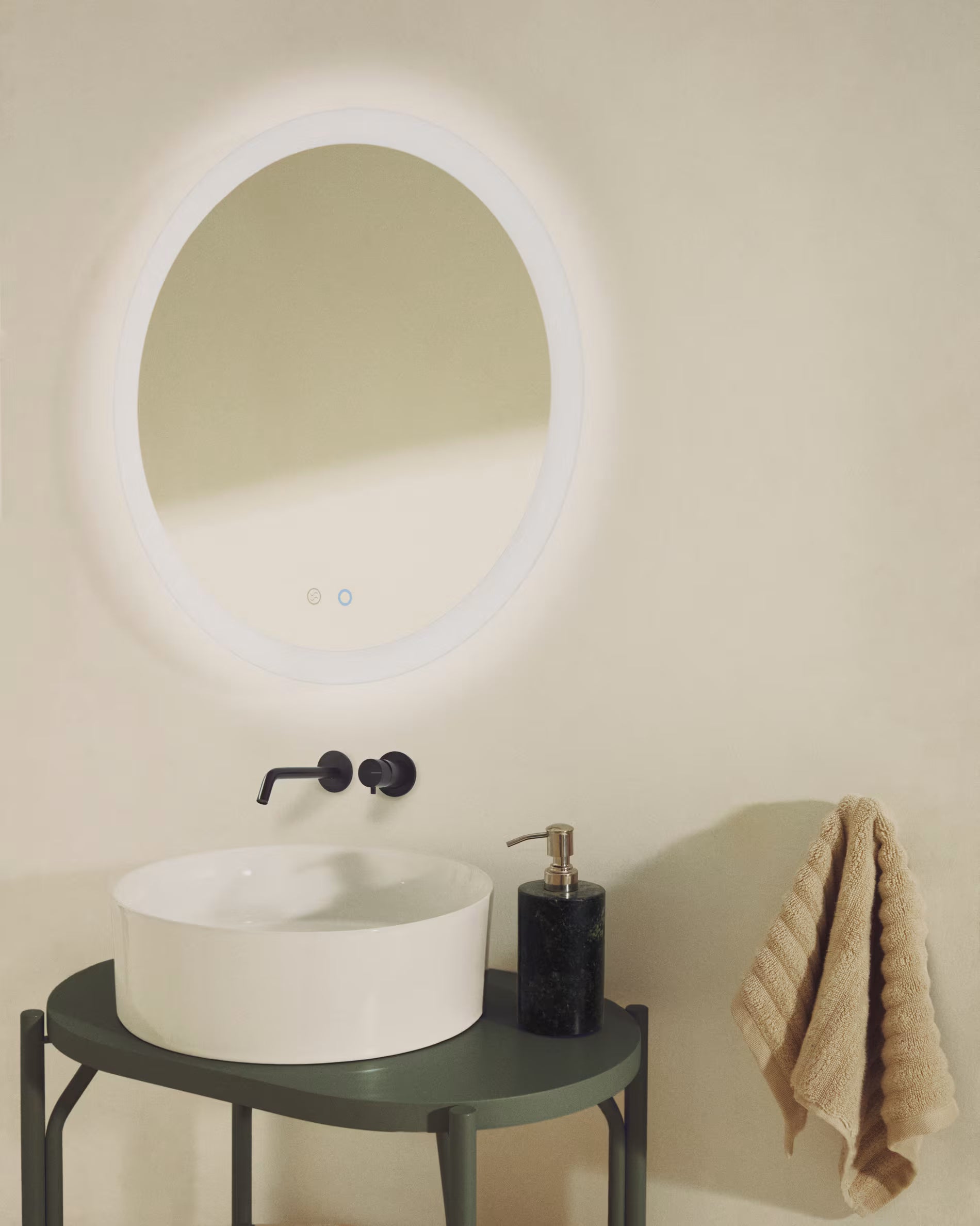 MERVI white illuminated round bathroom mirror