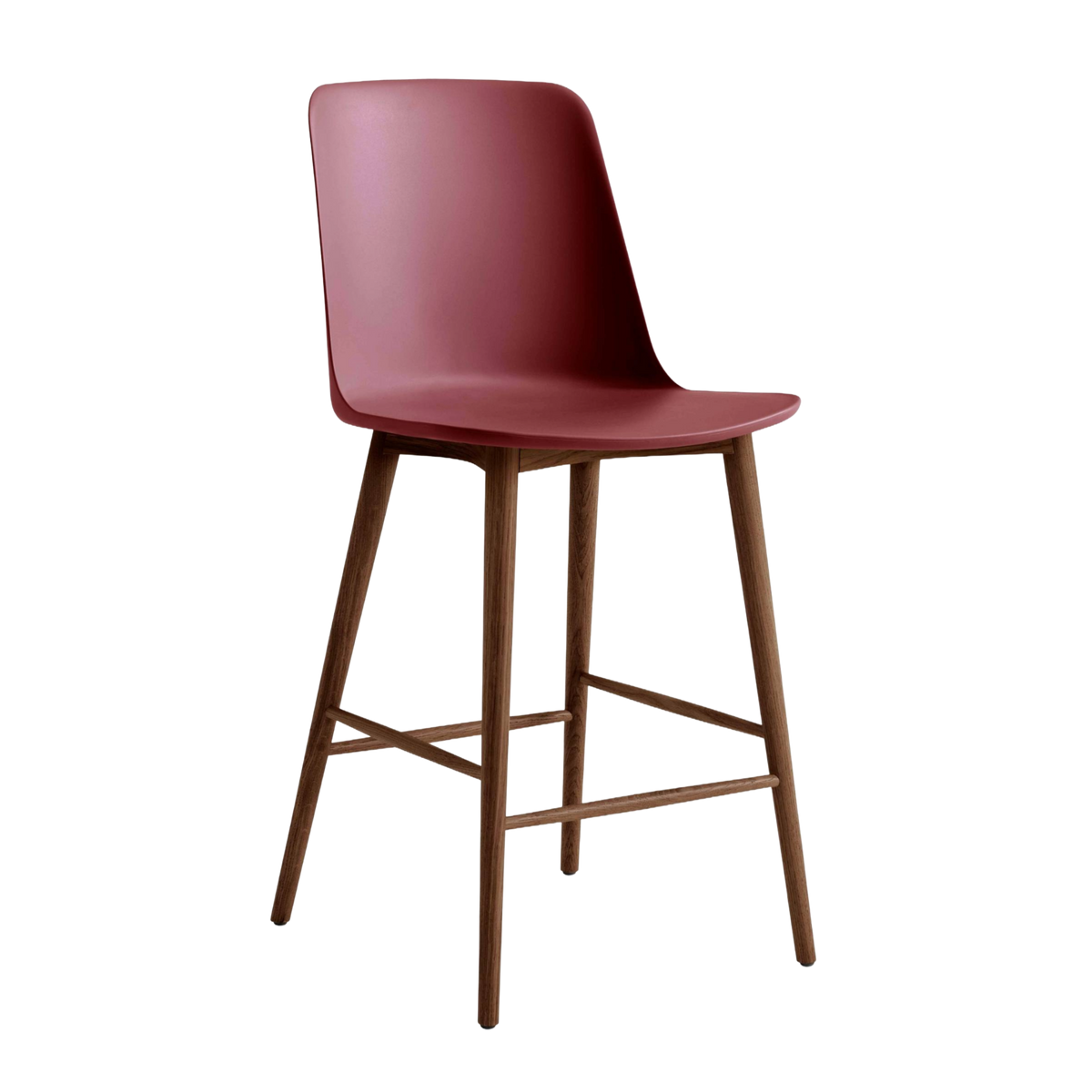 Barstoel RELY rood-bruin met een notenhouten basis