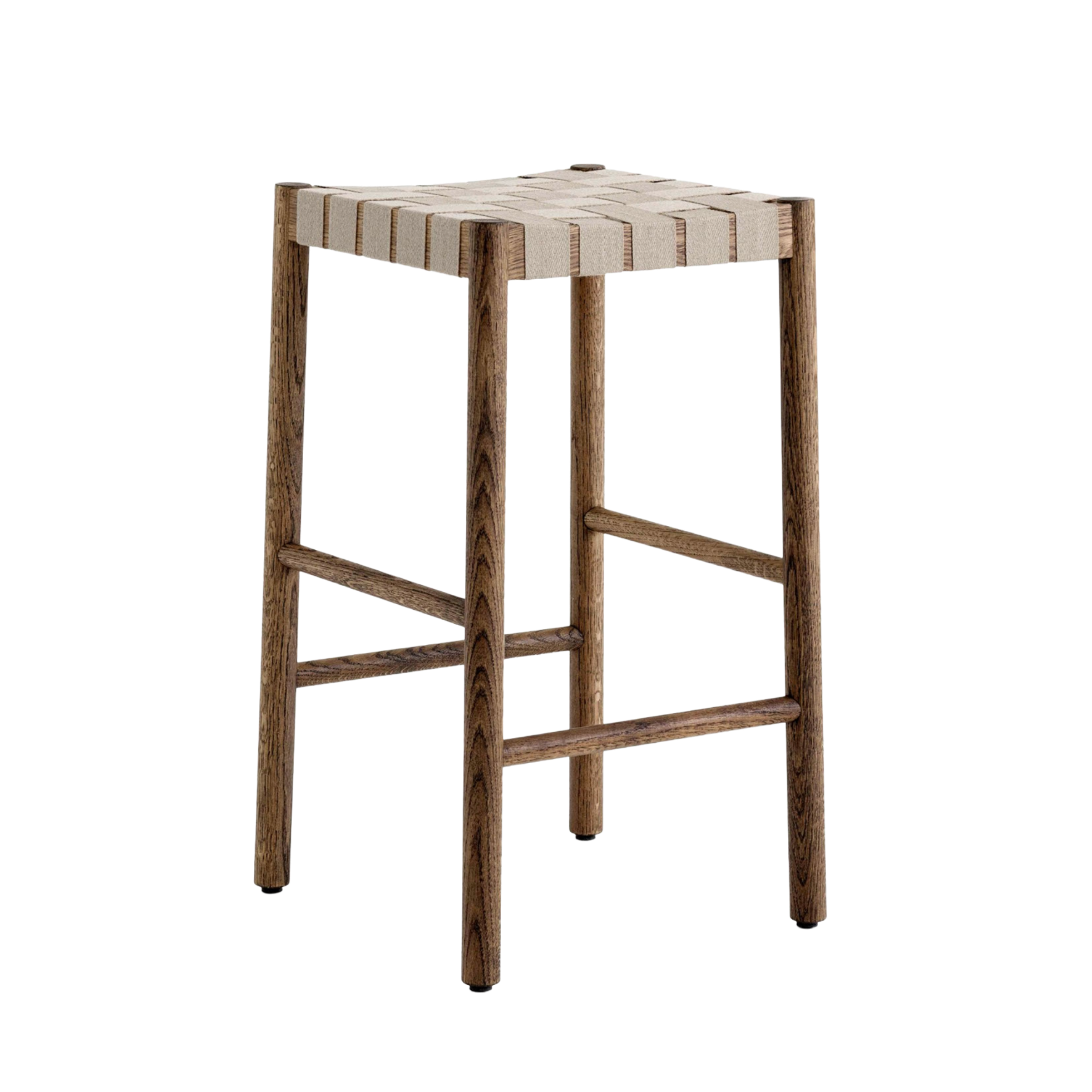 Hocker BETTY met beige geweven zitting en gerookt, geolied eikenhout