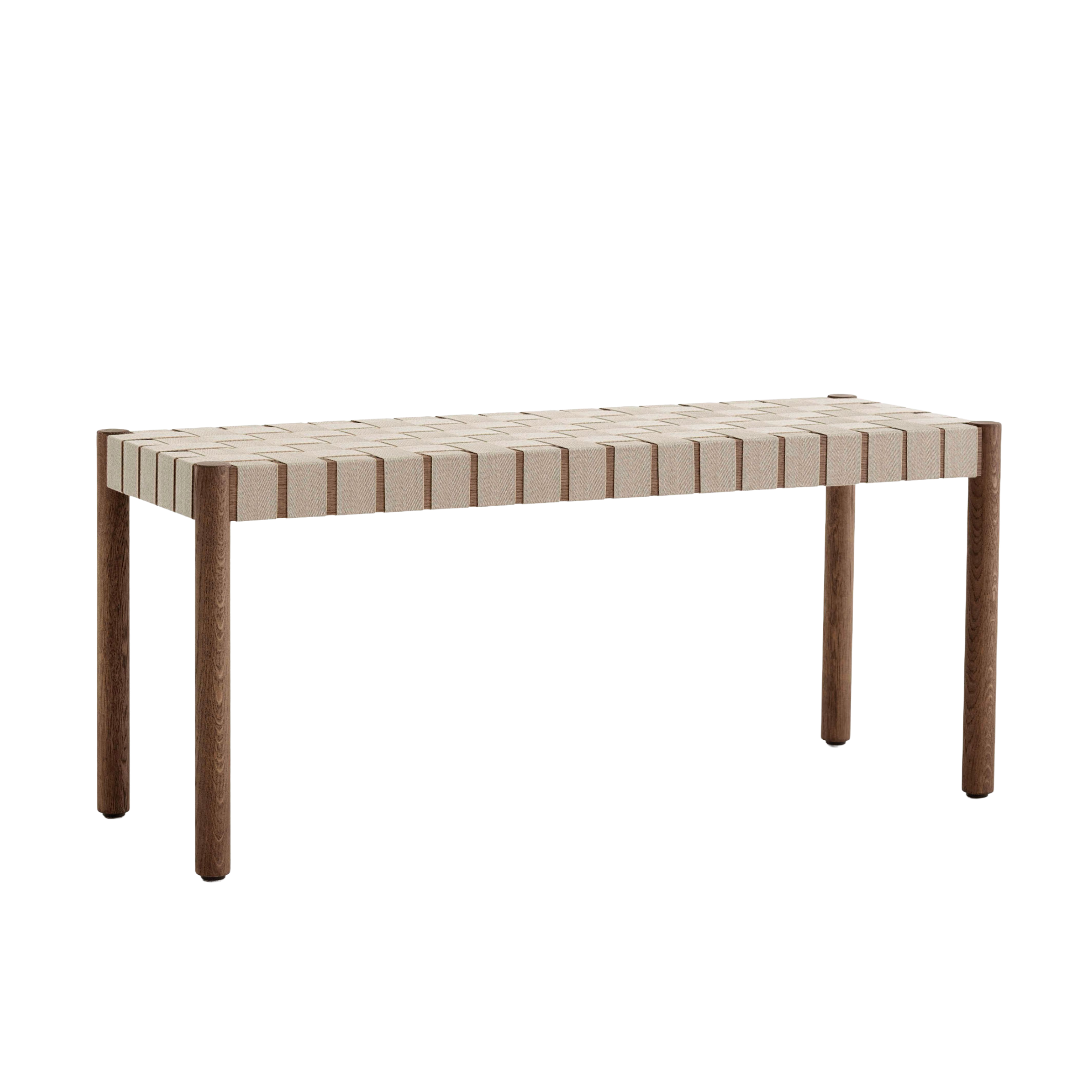 Bank BETTY met beige geweven zitting van gerookt, geolied eiken