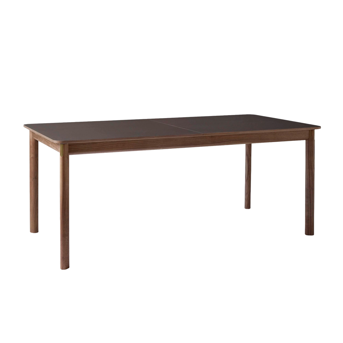 Uitschuifbare tafel PATCH met een bruin laminaatblad en een notenhouten basis