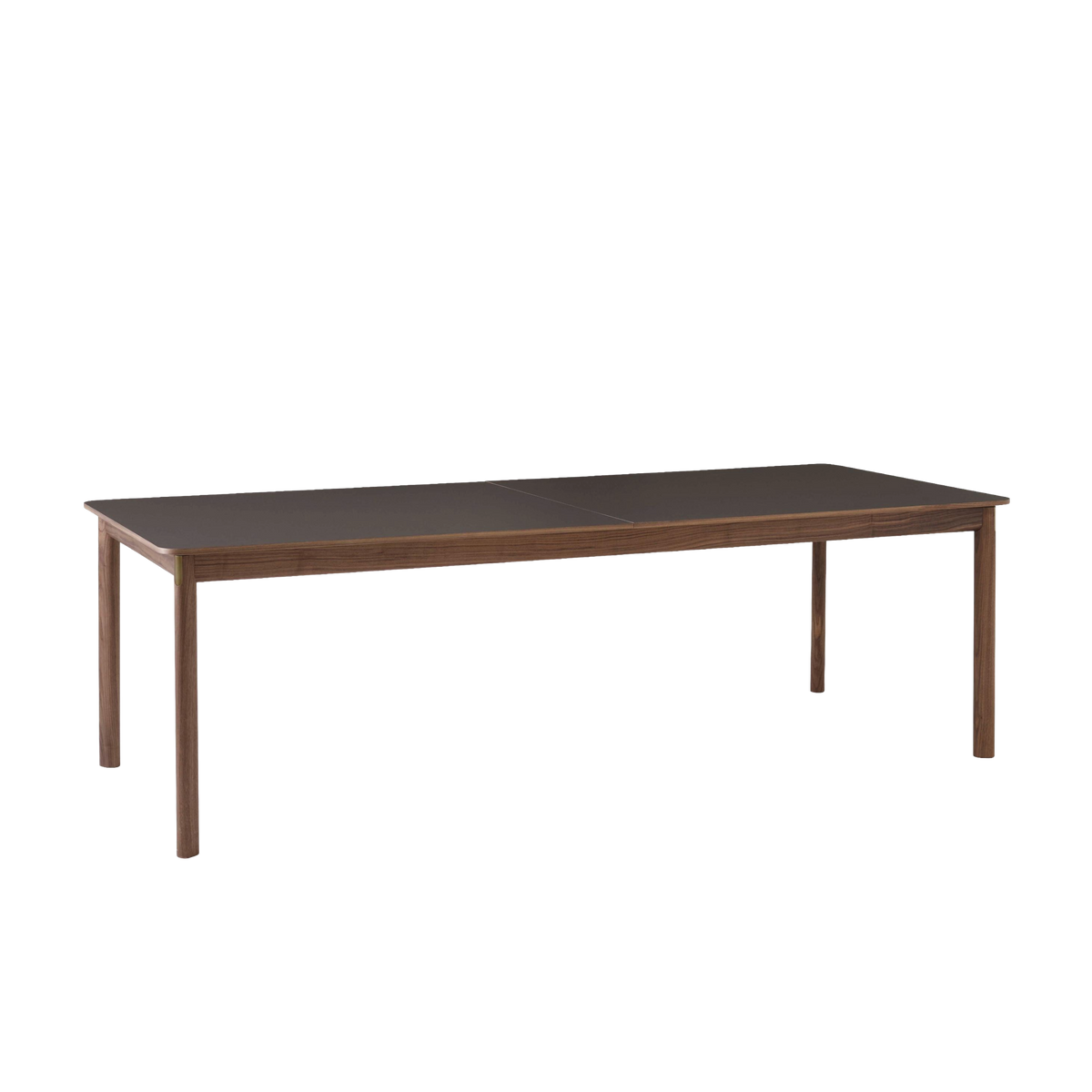 Uitschuifbare tafel PATCH met een bruin laminaatblad en een notenhouten basis