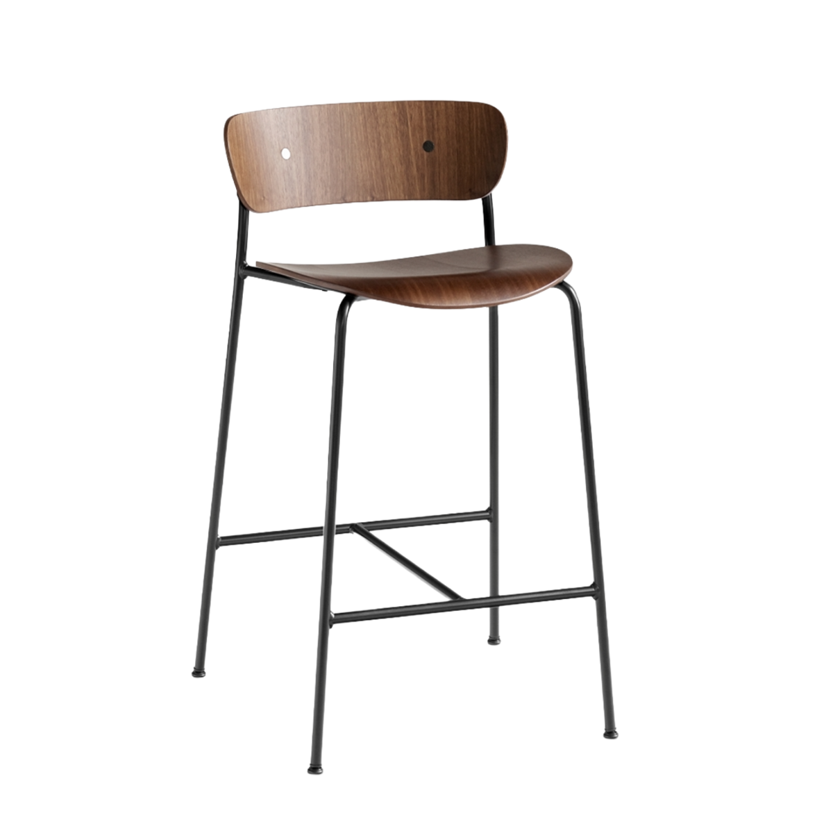 Hocker met rugleuning PAVILION gelakt notenhout met een zwarte stalen basis