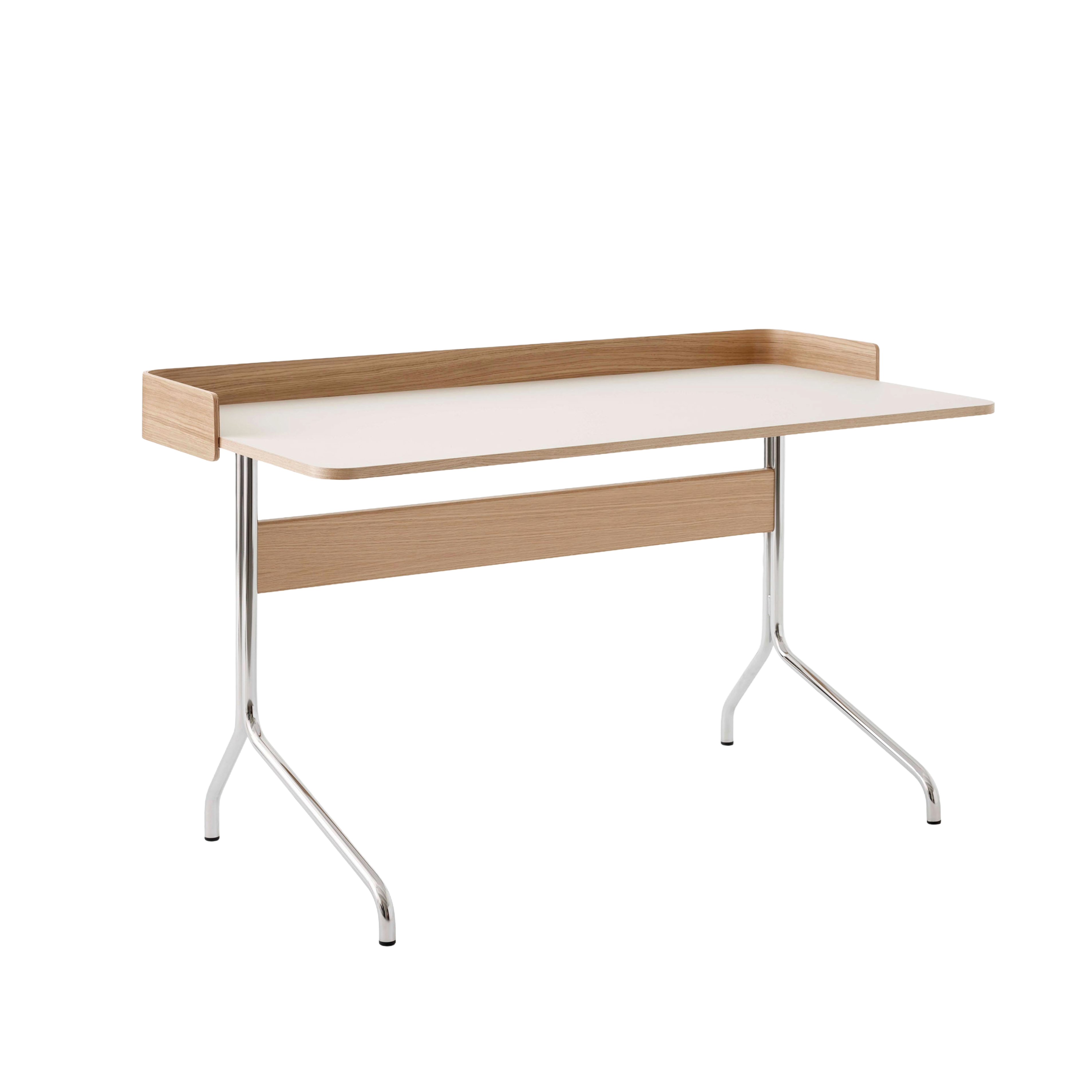 Bureau PAVILION met een beige linoleumblad, eiken afwerking en een stalen basis