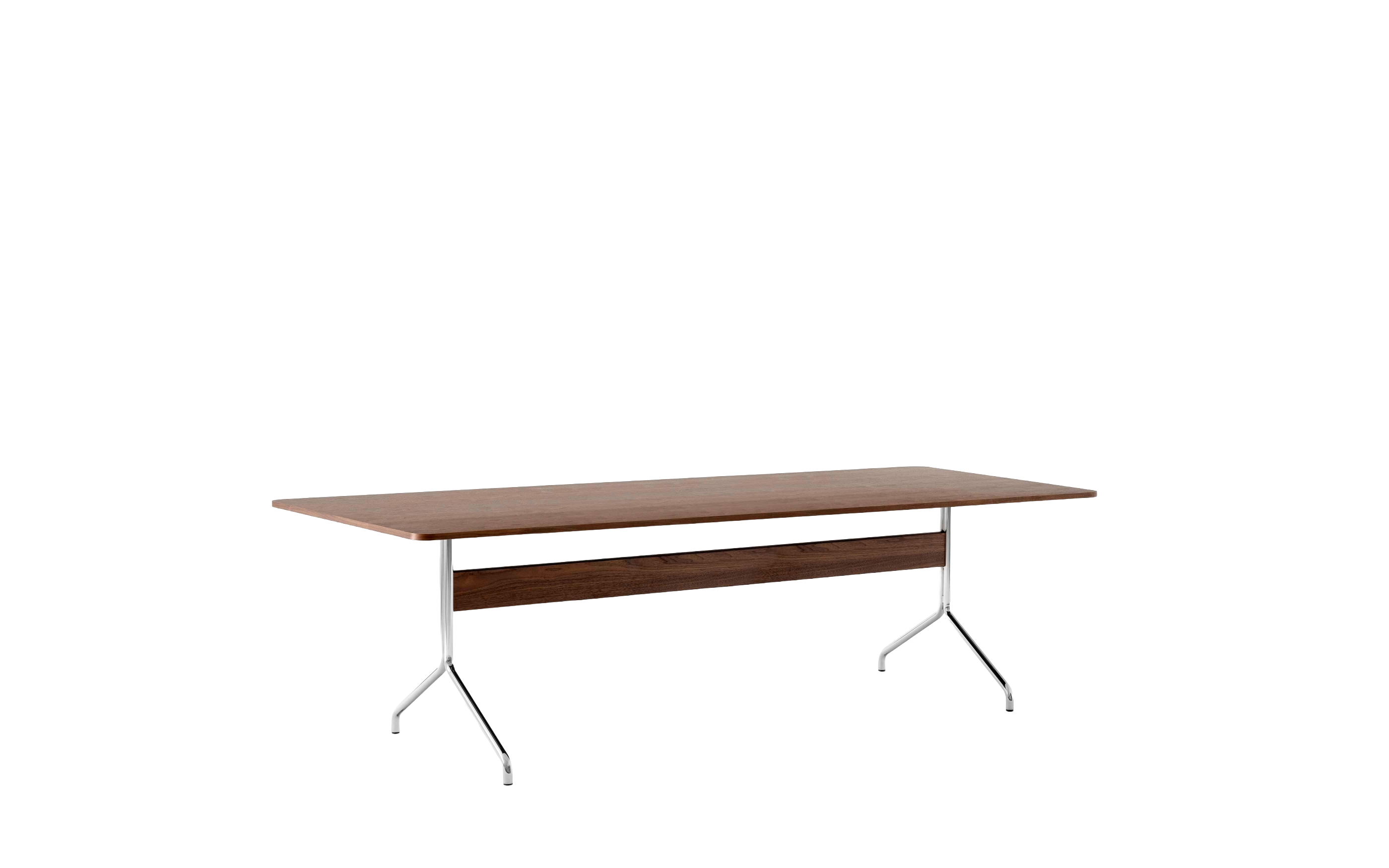Gecoate PAVILION notenhouten tafel met een verchroomde basis