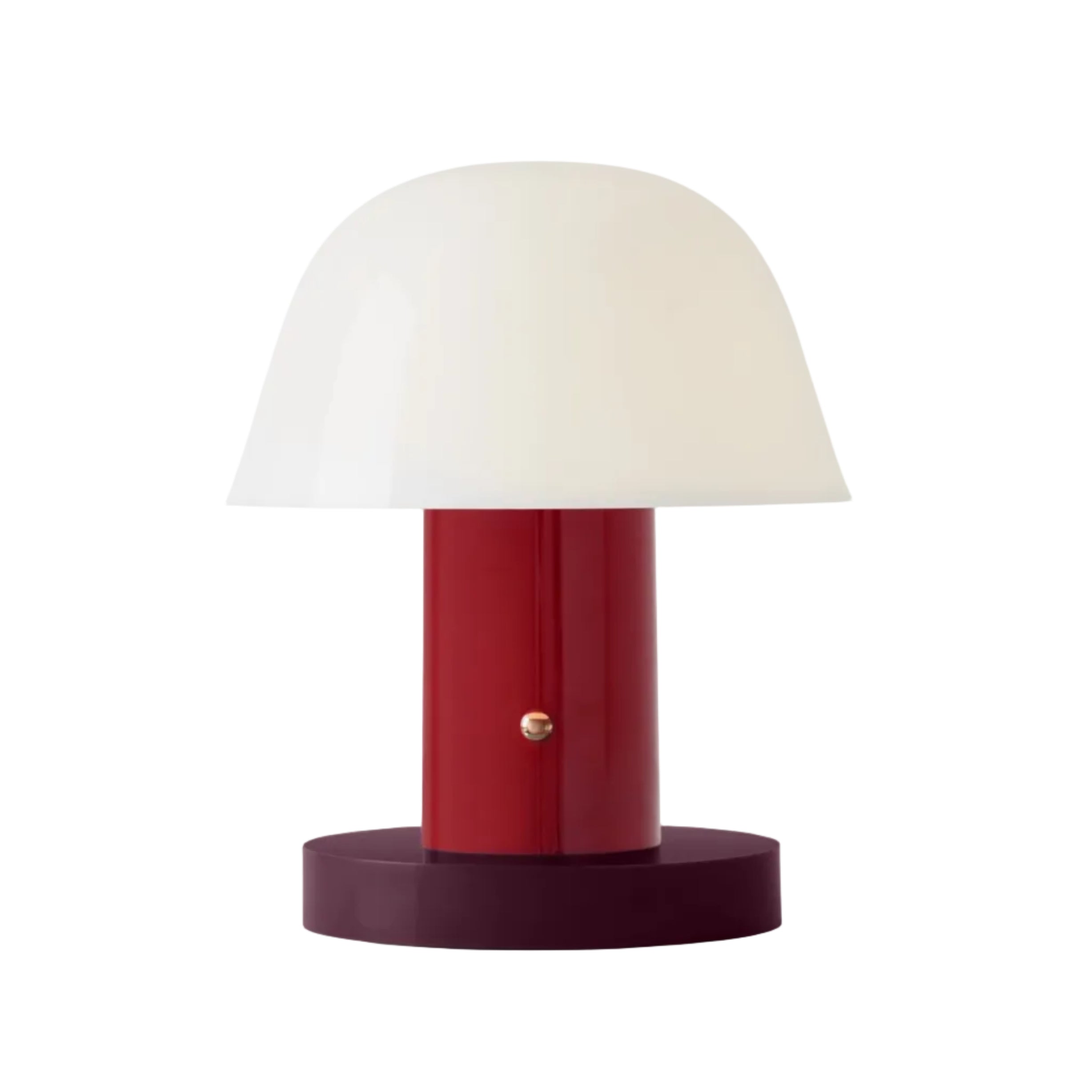 Draagbare lamp SETAGO JH27 met een crèmekleurige kap en een donkerrode voet.