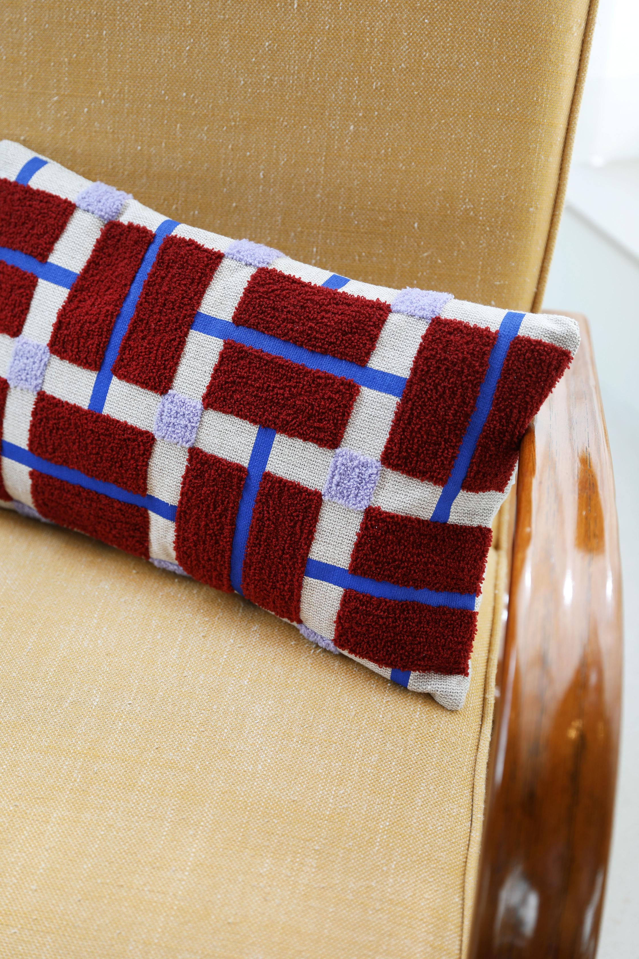 Kissenbezug PLANO bordeaux mit beige und blau