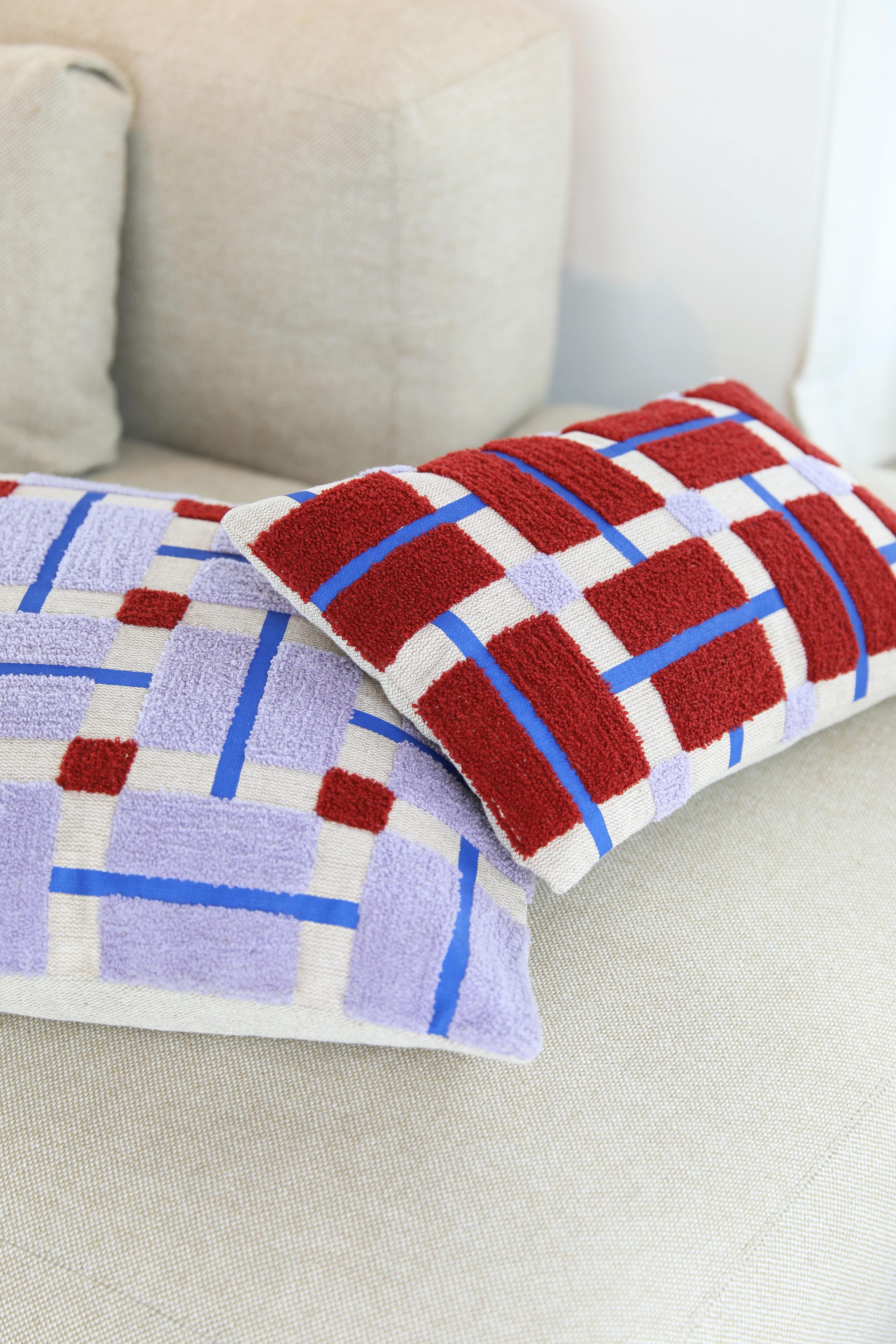 Kissenbezug PLANO bordeaux mit beige und blau