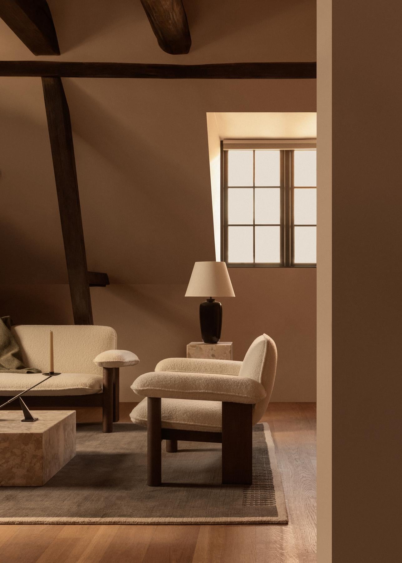 BRASILIA cream armchair with walnut base