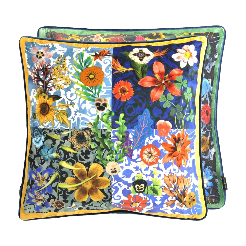 Tweedekleurige kussen HERBIER FLORENTIN met plantenpatroon