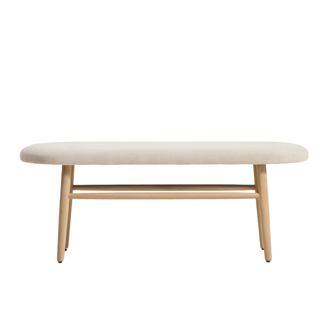 Bank HELDA beige chenille met een gefineerde eiken basis