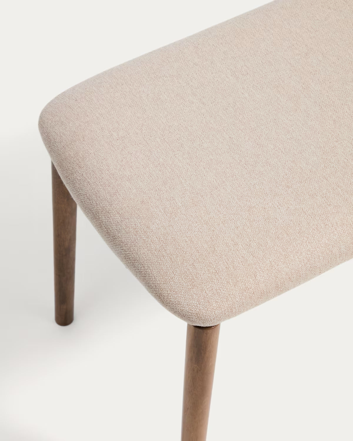 EVERA bank in beige chenille with a dark veneered oak base