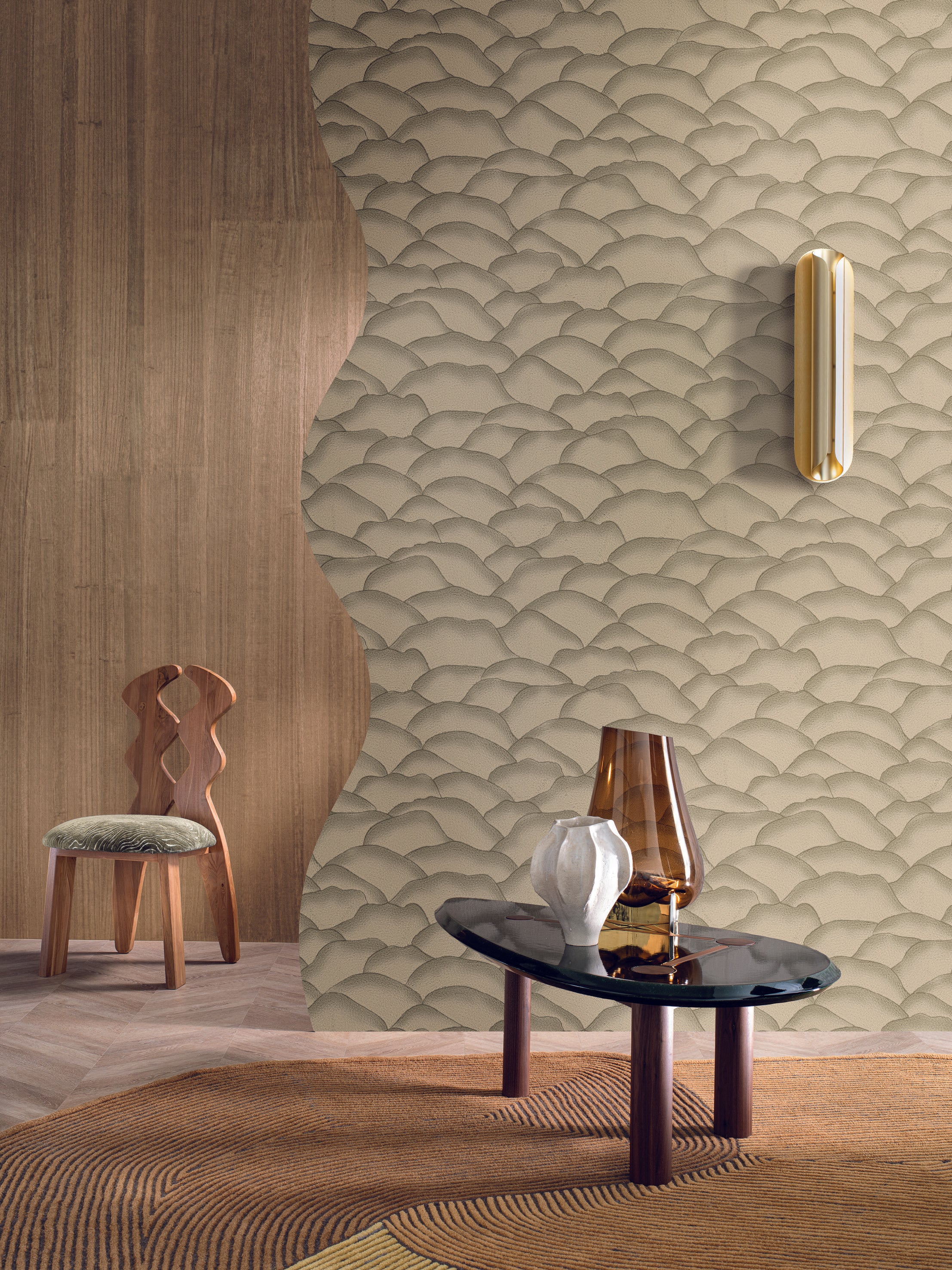 Textured wallpaper resembling fabric with an abstract wave pattern ONDULA gray