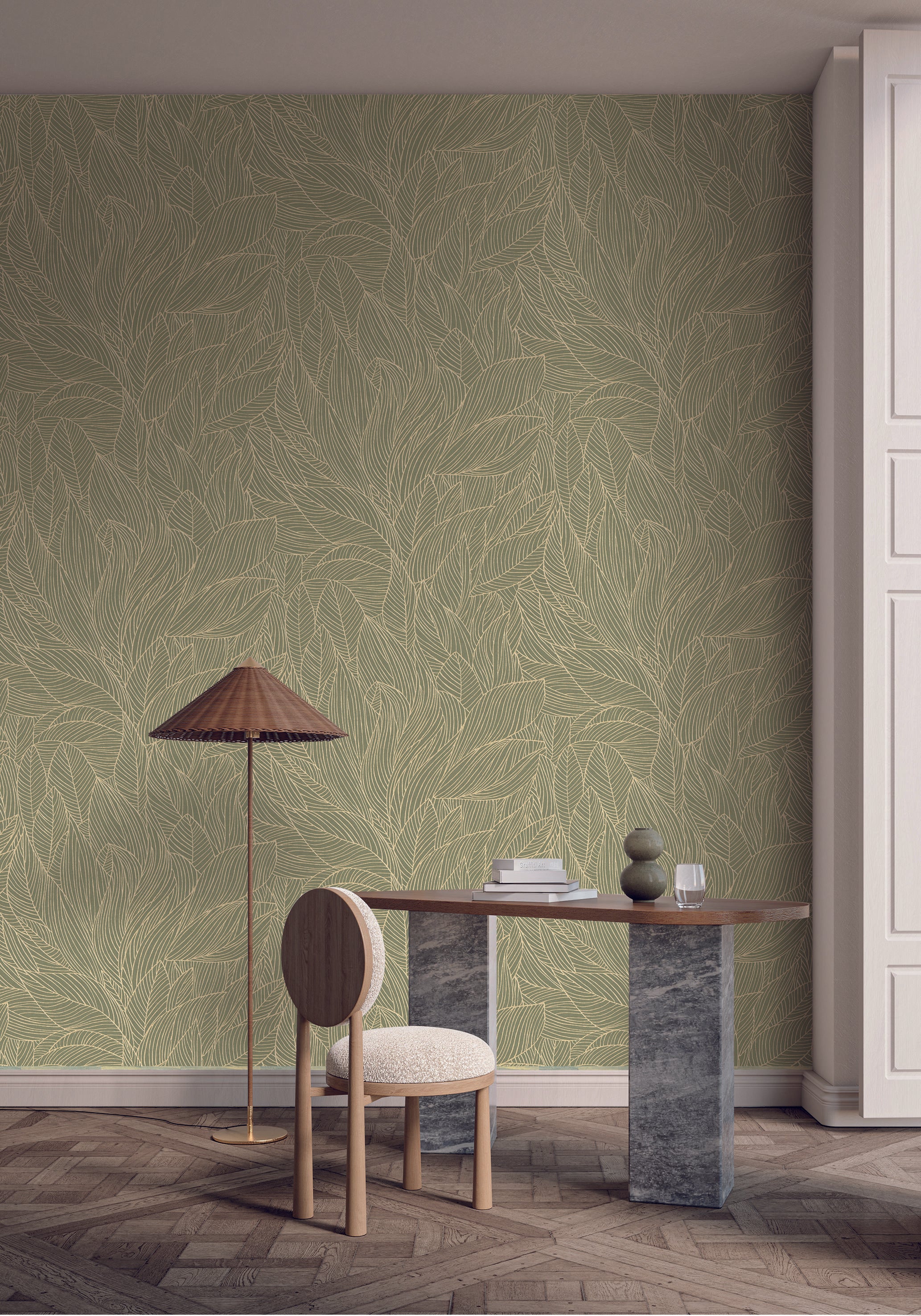 Behang met plantmotief van bladeren met metallic effect HOSTA - SALIE/GOUDE saliegroen met goud